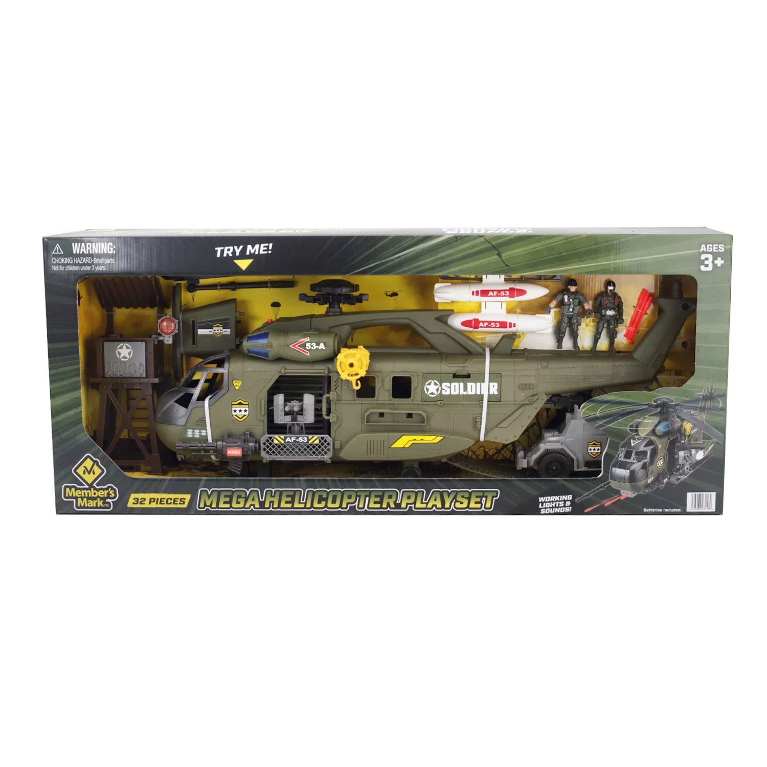 Soldier Force Mega Helicopter Playset， Includes 32 Pieces with Working Lights and Sounds