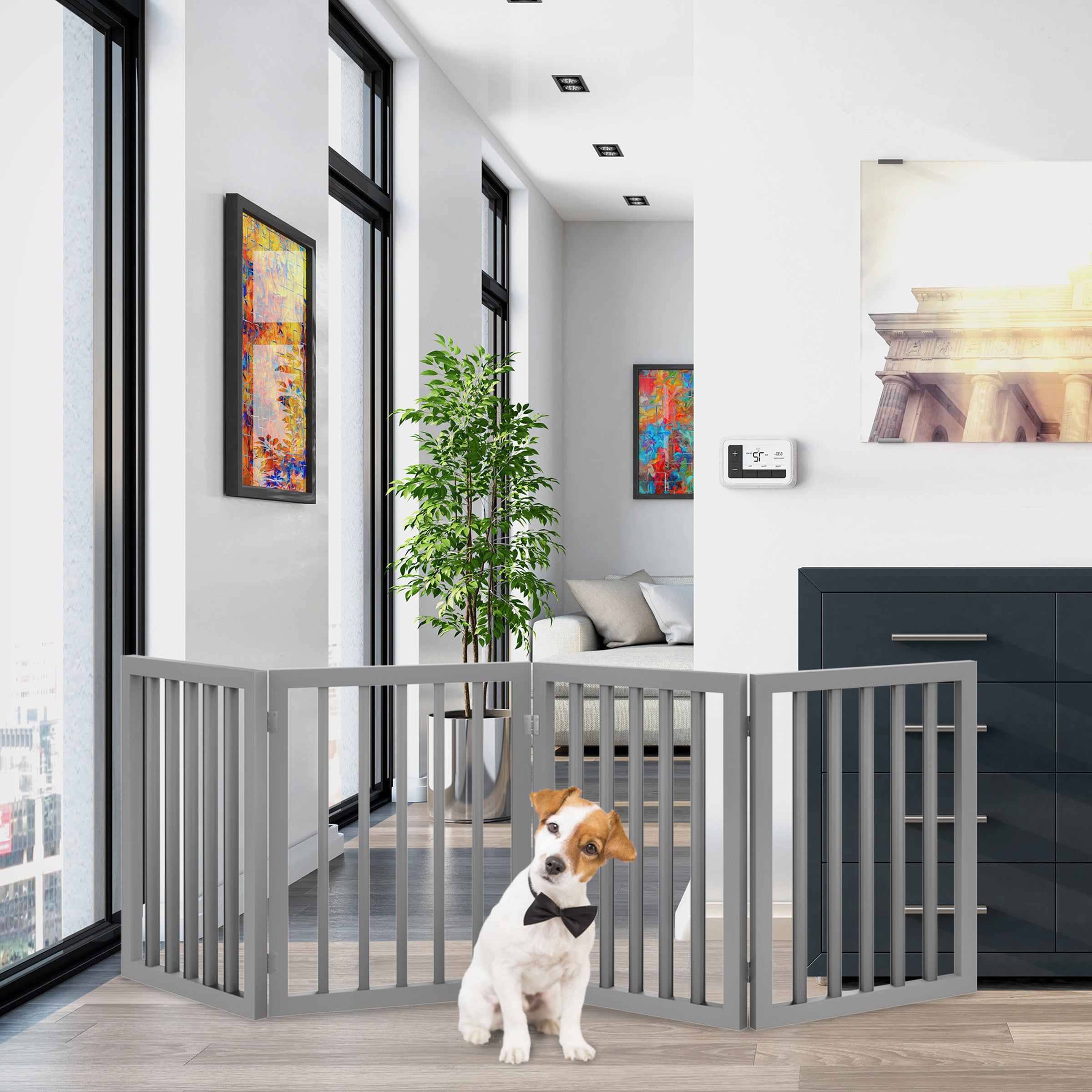 Pet Gate – Dog Gate for Doorways， Stairs or House – Freestanding， Folding， Accordion Style， MDF Wooden Indoor Dog Fence by Petmaker (4 Panel， Gray)
