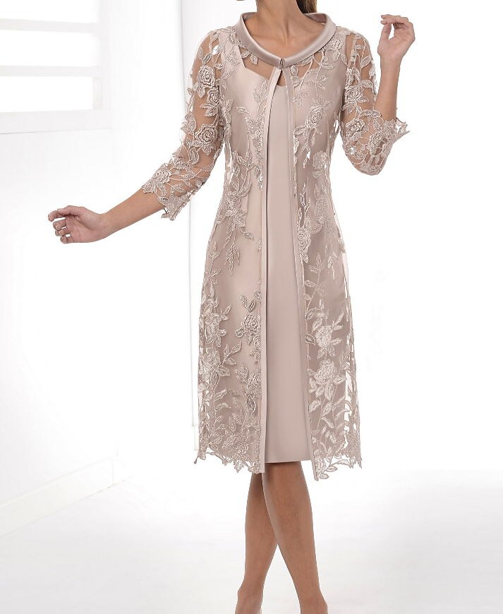 Women's Dress Set Two Piece Dress Sheath Dress Midi Dress Khaki 3/4 Length Sleeve Floral Lace Winter Fall Spring V Neck Fashion Party Wedding Guest Fall Dress 2022 S M L XL 2XL 3XL 4XL