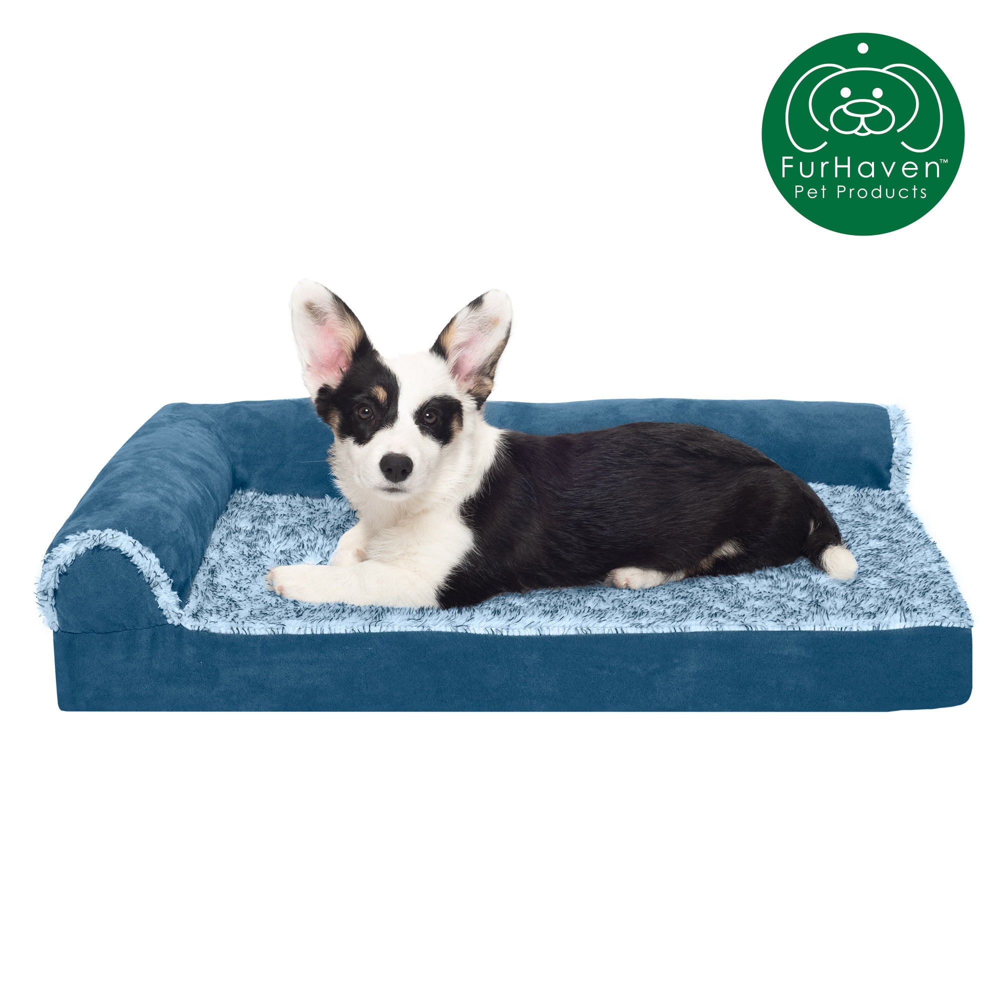 FurHaven | Deluxe Orthopedic Faux Fur and Suede L-Chaise Lounge Pet Bed for Dogs and Cats， Marine Blue， Medium