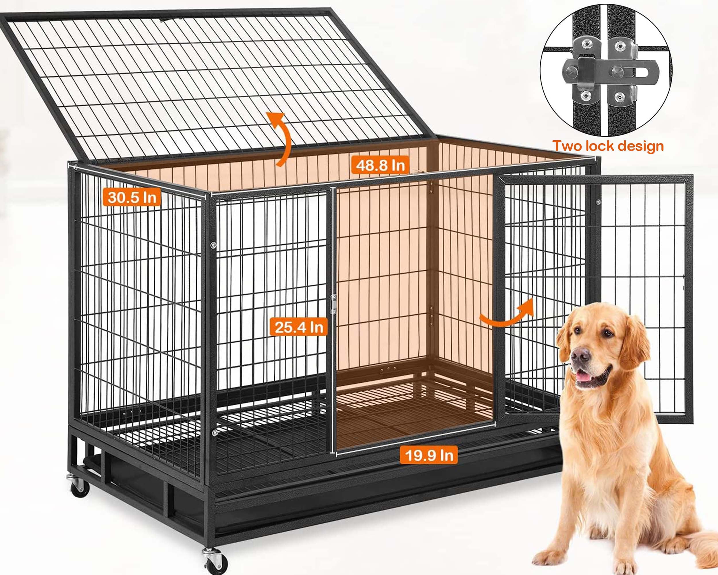 YRLLENSDAN 48 inch XL Large Dog Crate for Large Dogs， Heavy Duty Dog Crates and Kennels with Wheels Plastic Tray Double-Door Lockable Outdoor Metal Pet Dog Cage for Medium Small Dogs