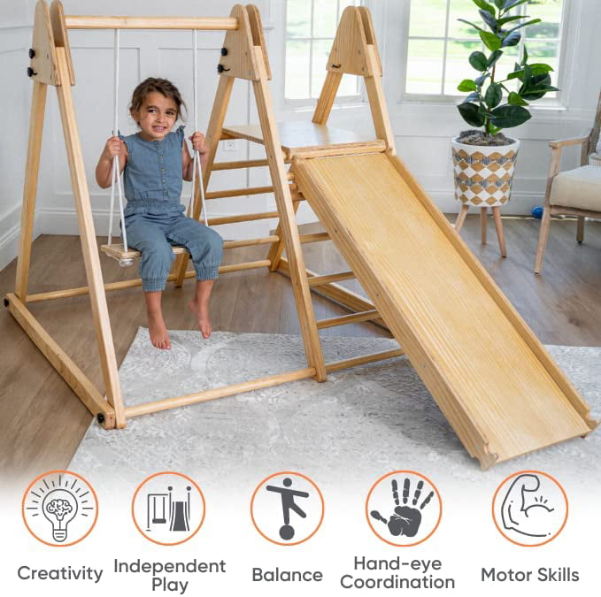 Avenlur Juniper Montessori Toddler Playset Indoor Playground Folding Gym， Interchangeable Baby/Toddler Swing 5 in 1 Multifunctional Foldable， Ladder Climber， Slide， Rock Climbing Kids Ages 1yr - 5yrs