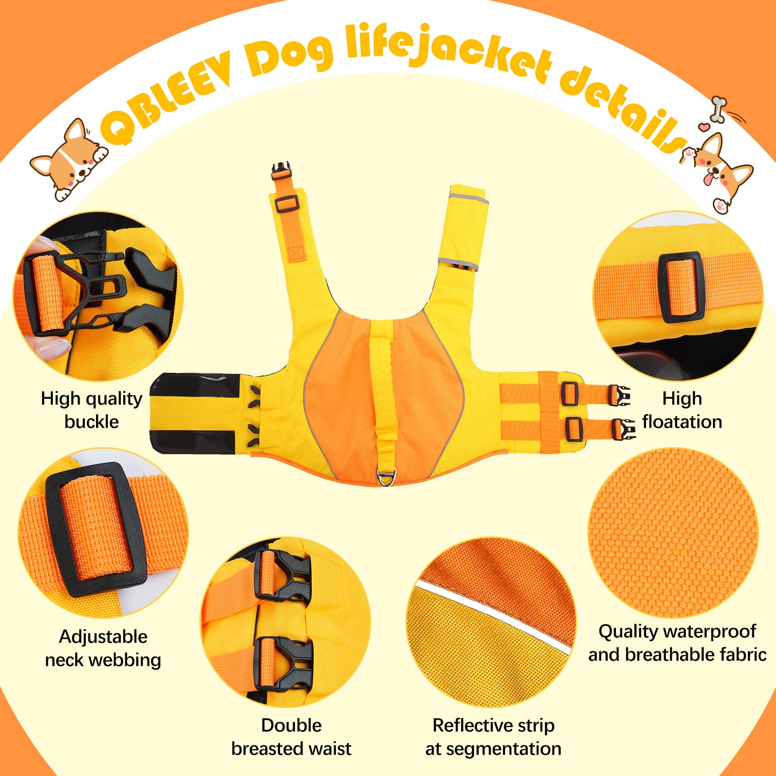 QBLEEV Dog Life Jacket Pet Preserver Vest，Portable Dog Swimsuit Lifesaver Vest with Rescue Handle for Small Medium Large Breed Dogs， Adjustable Dog Safety Floatation Vest for Boating Kayaking Swimming