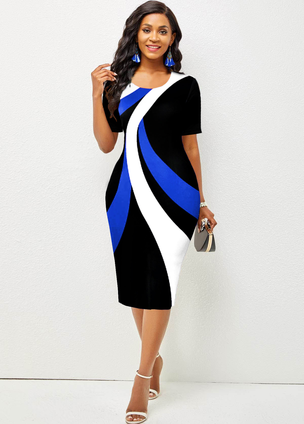 Contrast Round Neck Short Sleeve Dress