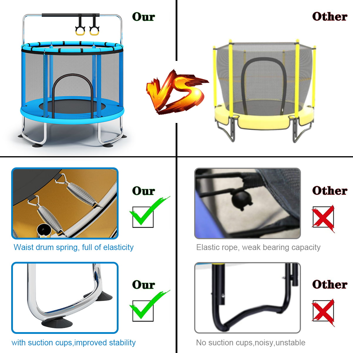 Fisca 55''Mini Toddler Trampolines with Handle Bar for Kids ， Toddler Basketball Hoop Trampoline with Enclosure Net and Rings， 555lbs Load