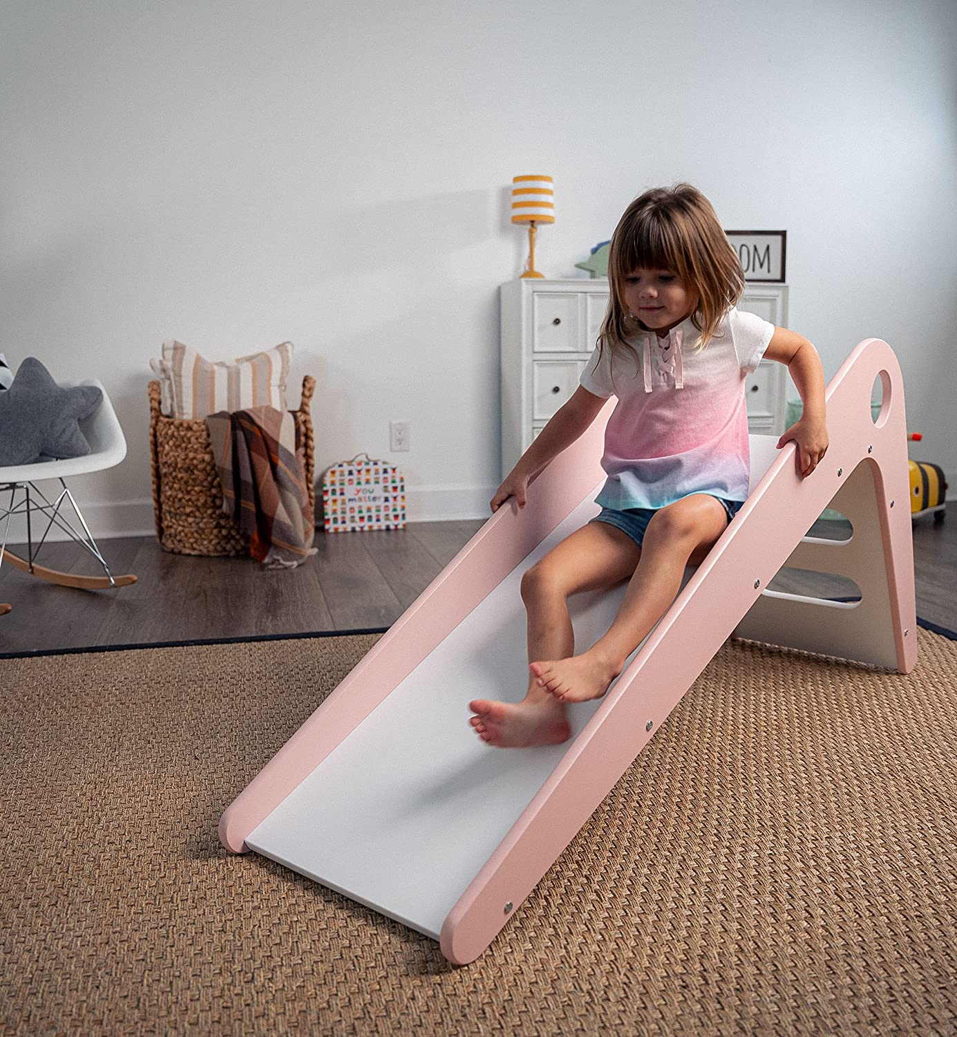 Avenlur Toddler Playground Wooden Indoor Slide for Kids - Transform Any Living Space Into The Perfect Playroom or Gym. Climbing Wood Slide for Babies， Toddlers， and Children Ages 18mo - 4 Years (Pink)