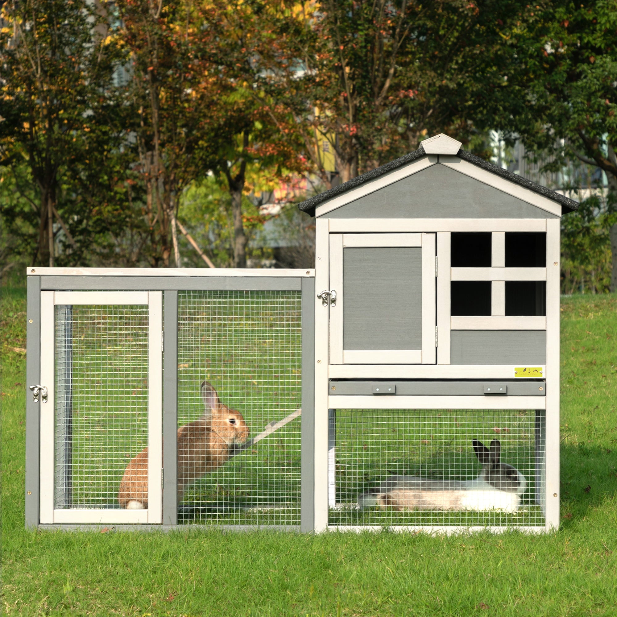 Coziwow Wooden Rabbit Hutch Small Animal Cage Guinea Pig Coop W/ Openable Roof， Gray