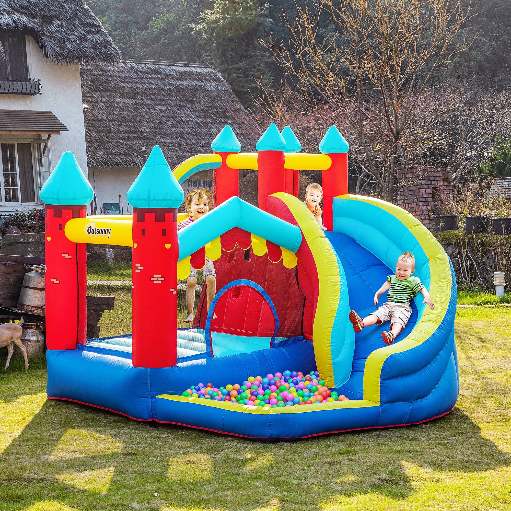 Outsunny 4 in 1 Inflatable Bounce House with Slide， Climbing Wall， and Pool or Ball Pit， Jumping Castle， Four Fun Activities， Water Bounce House for Kids