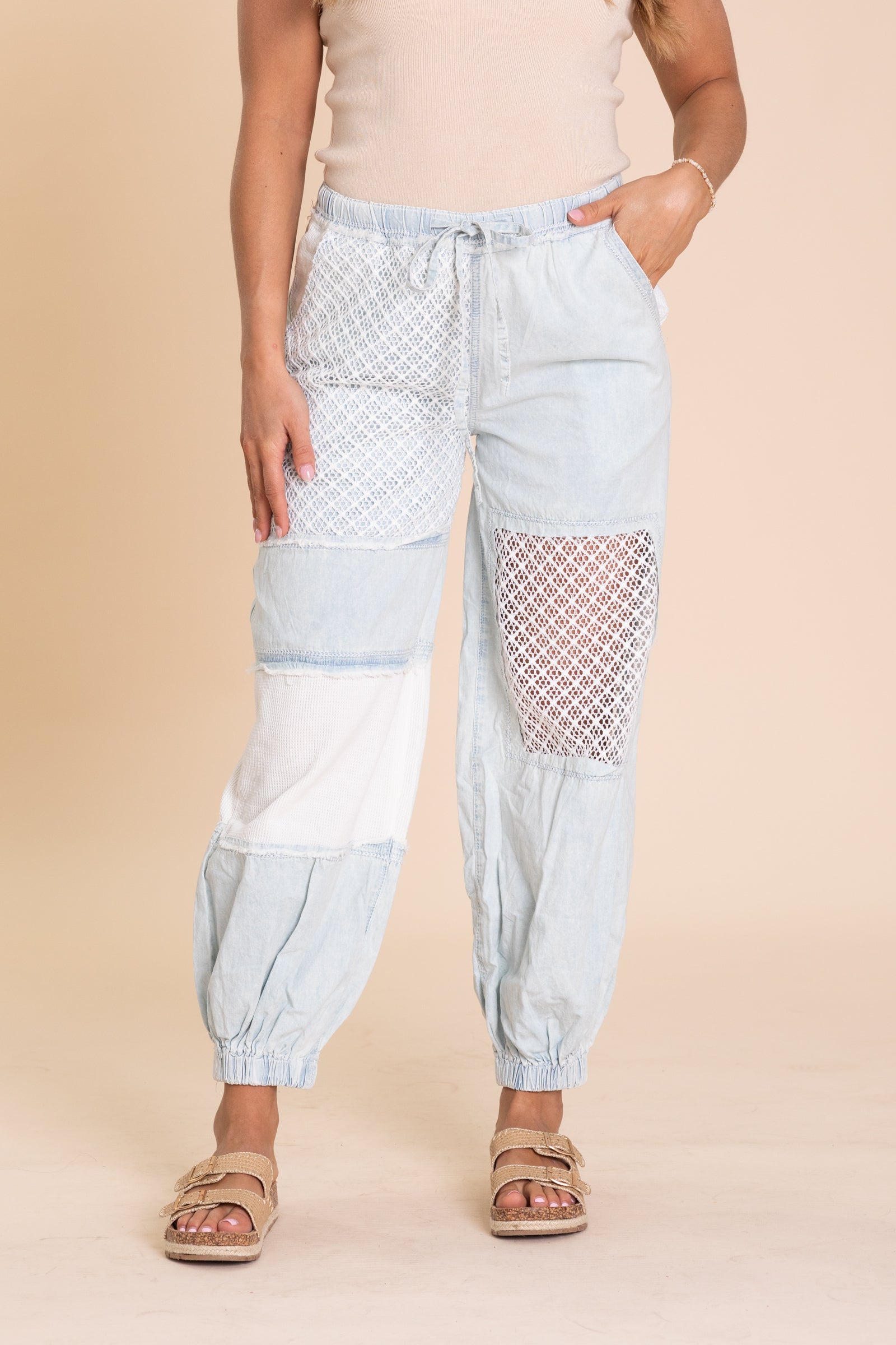 Denim See Through Crochet Drawstring Joggers