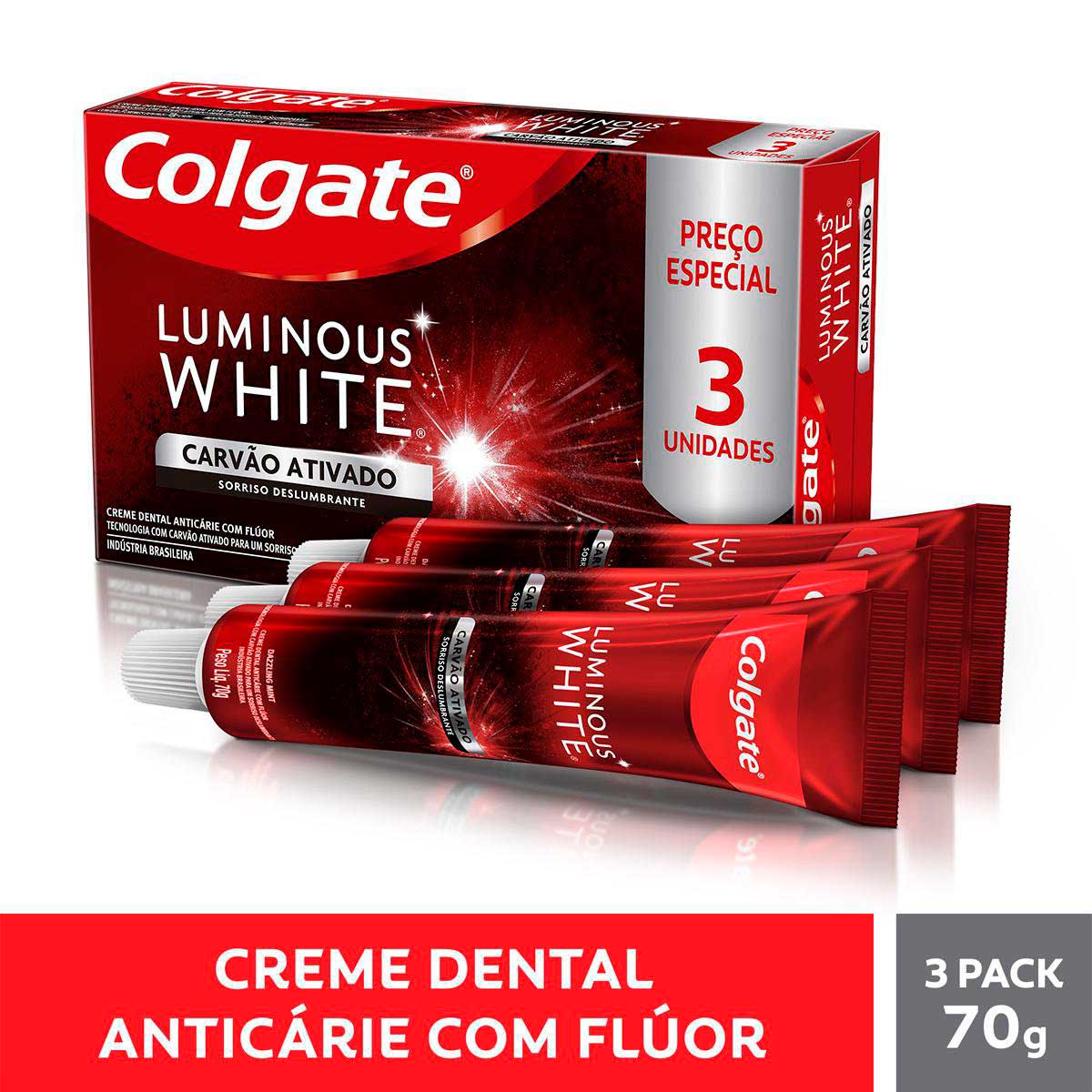 Creme Para Clareamento Dental Colgate Luminous White Carvao Ativado 3 unid 70g Promo Preco Especial