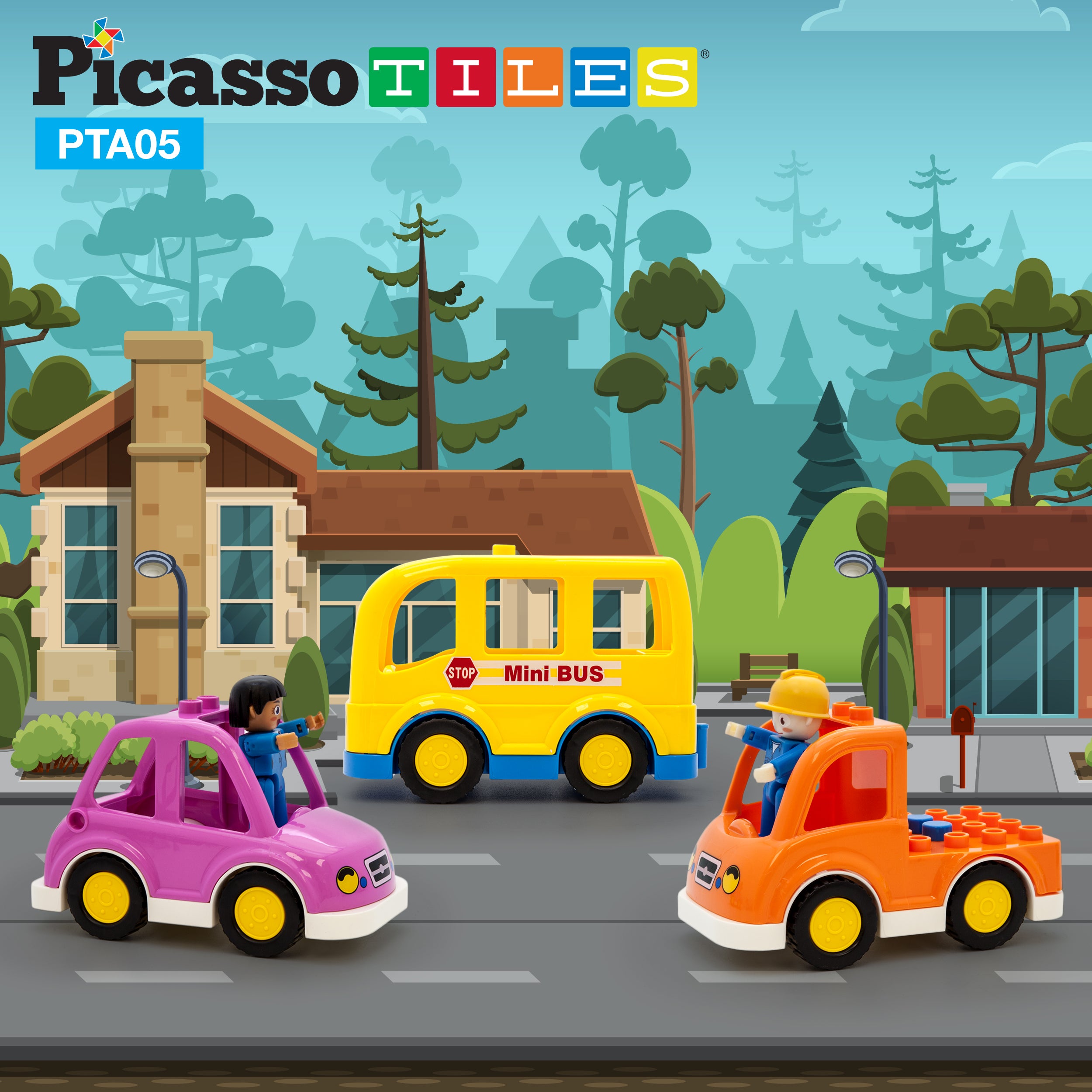 PicassoTiles 5 Piece Vehicle Character and Action Figure Expansion Set PTA05