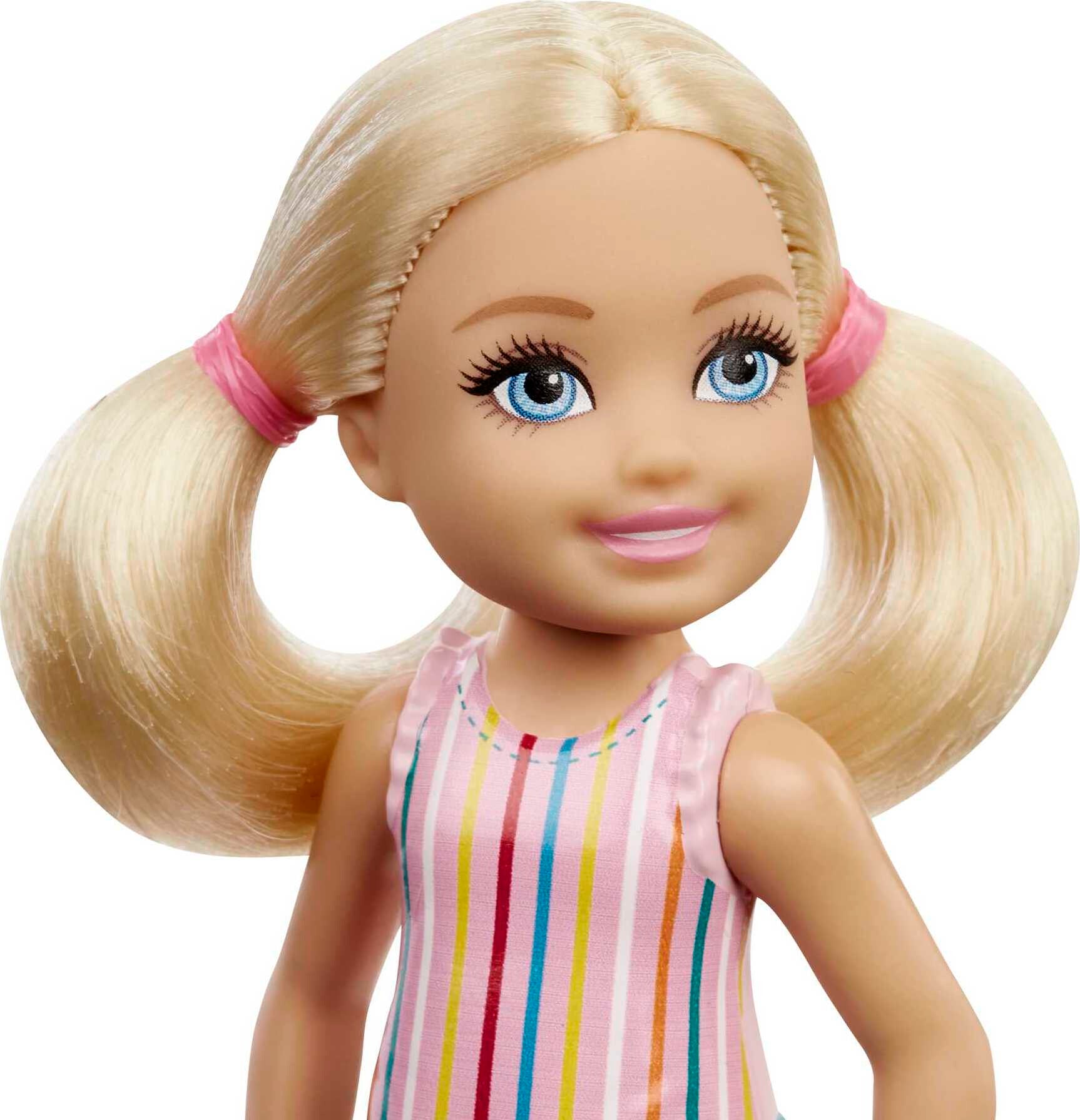 Barbie Chelsea Small Doll with Blonde Hair in Pigtails & Blue Eyes in Removable Striped Dress