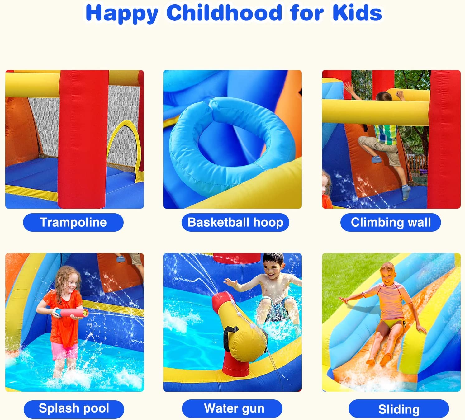 Track 7 Inflatable Water Slide for Kids，Inflatable Bounce House with Waterslide Park，Jumper Slide Playhouse with Splash Pool，Water Cannon，Climbing Wall，Air Blower，Jumping Bouncer for Backyard Outdoor