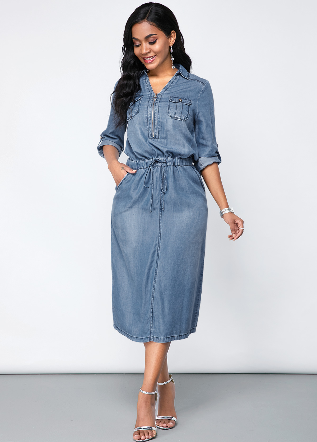 Denim Chest Pocket Turndown Collar Dress