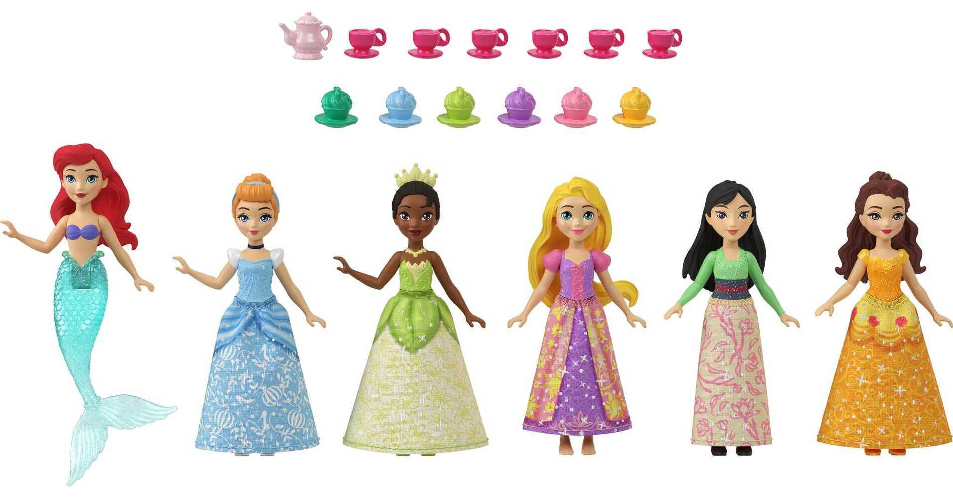 Disney Princess Small Doll Princess Party with 6 Posable Dolls and 13 Tea Time Accessories