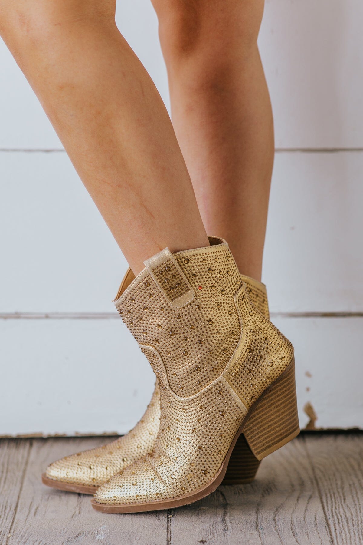 Gold Rhinestone Point Toe Western Bootie