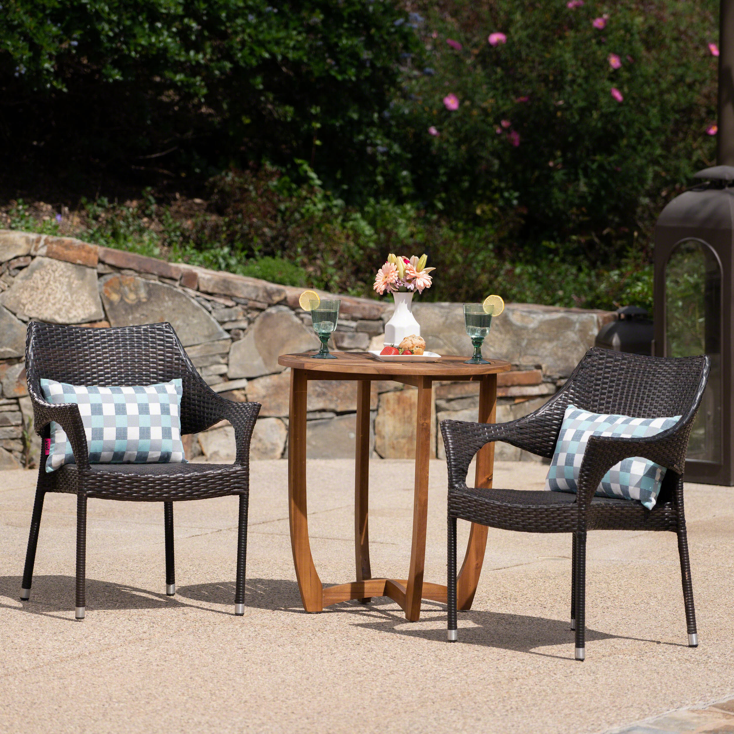 Ethan Outdoor 3 Piece  Acacia Wood/ Wicker Bistro Set, Teak Finish and Multibrown