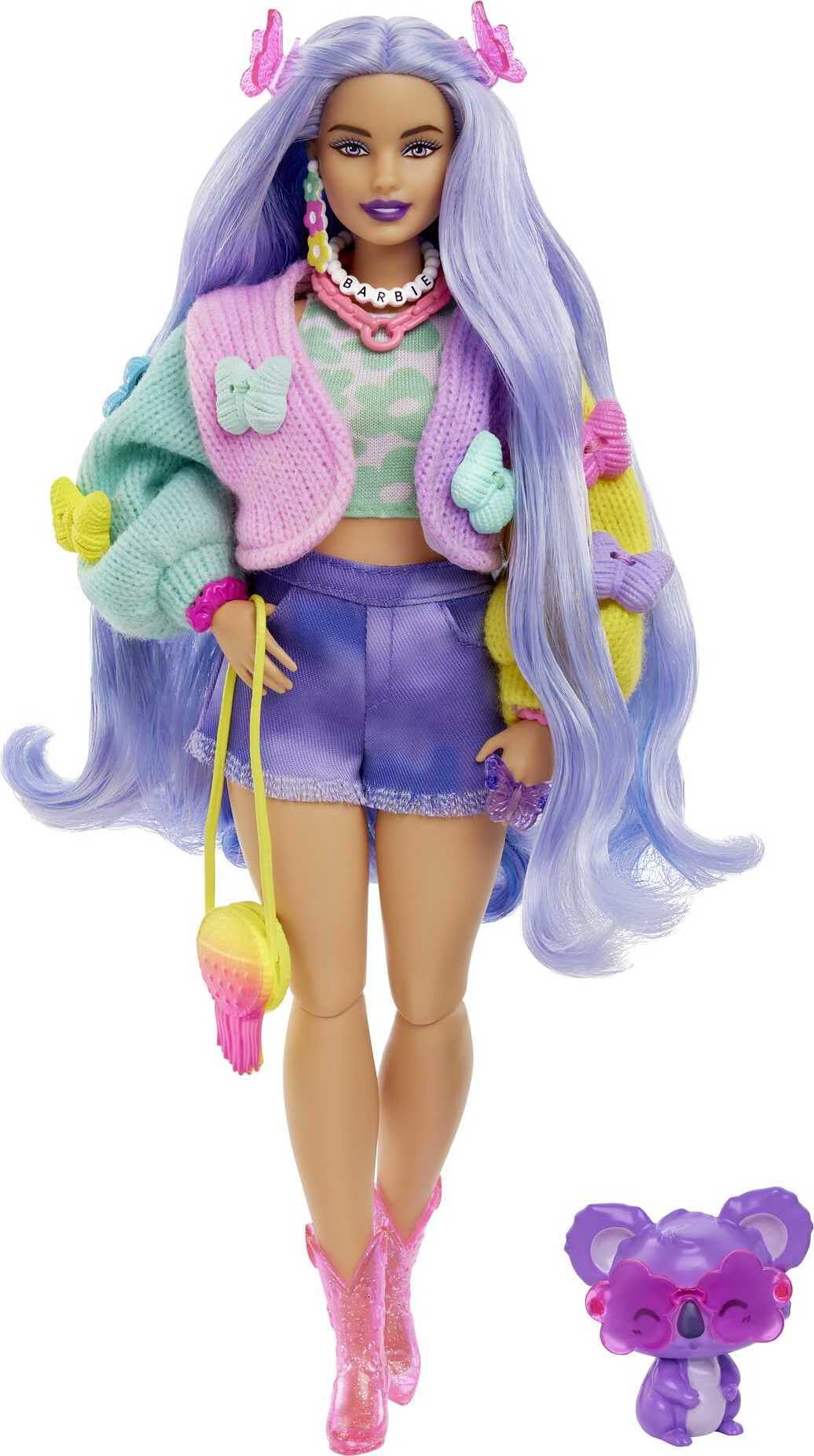 Barbie Extra Fashion Doll with Wavy Lavender Hair, Colorful Butterfly Sweater, Accessories & Pet