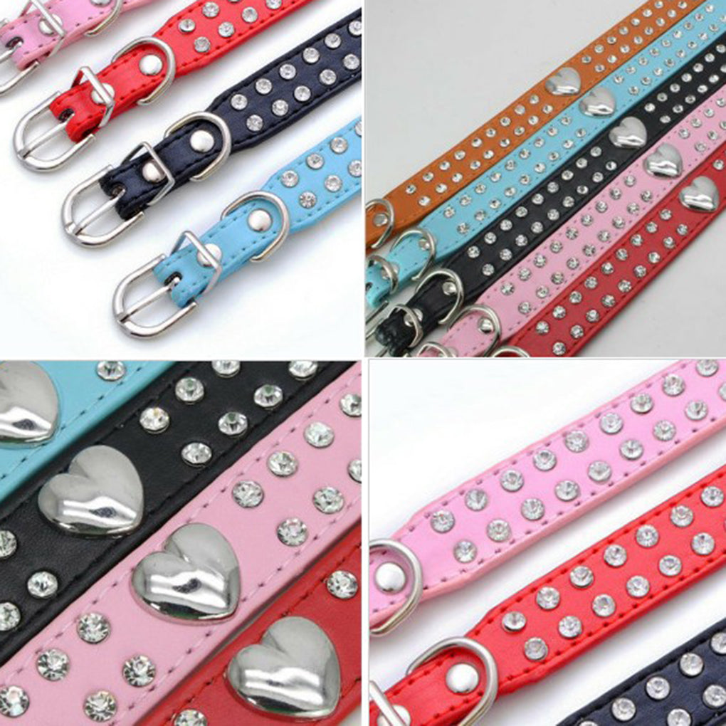 Pet Collar Rhinestones Crystal Heart PU Leather Pet Necklace Jewelry Holiday Gift，Blue，XXS