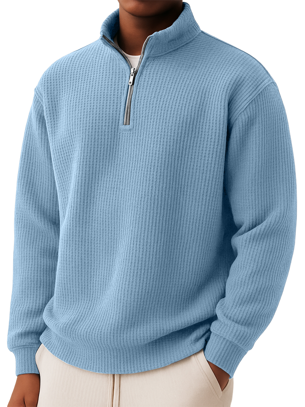 Men's Casual Simple Waffle Quarter Zip Long Sleeved T-shirt.