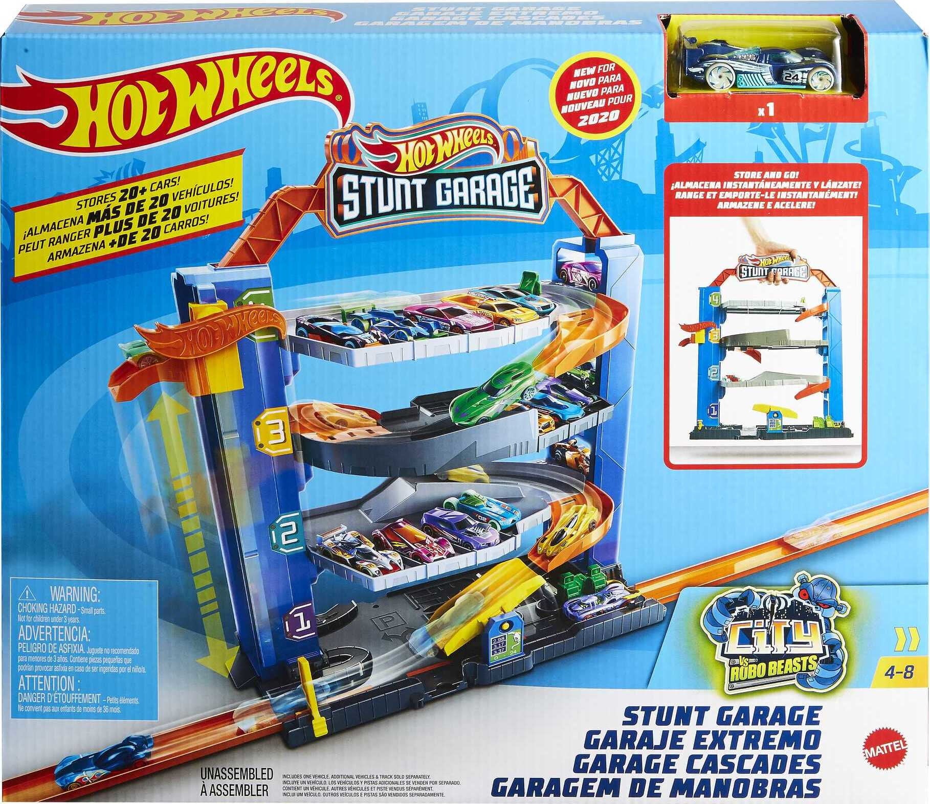Hot Wheels City Stunt Garage Playset with 1 Toy Car in 1:64 Scale and Storage for 20+ Vehicles