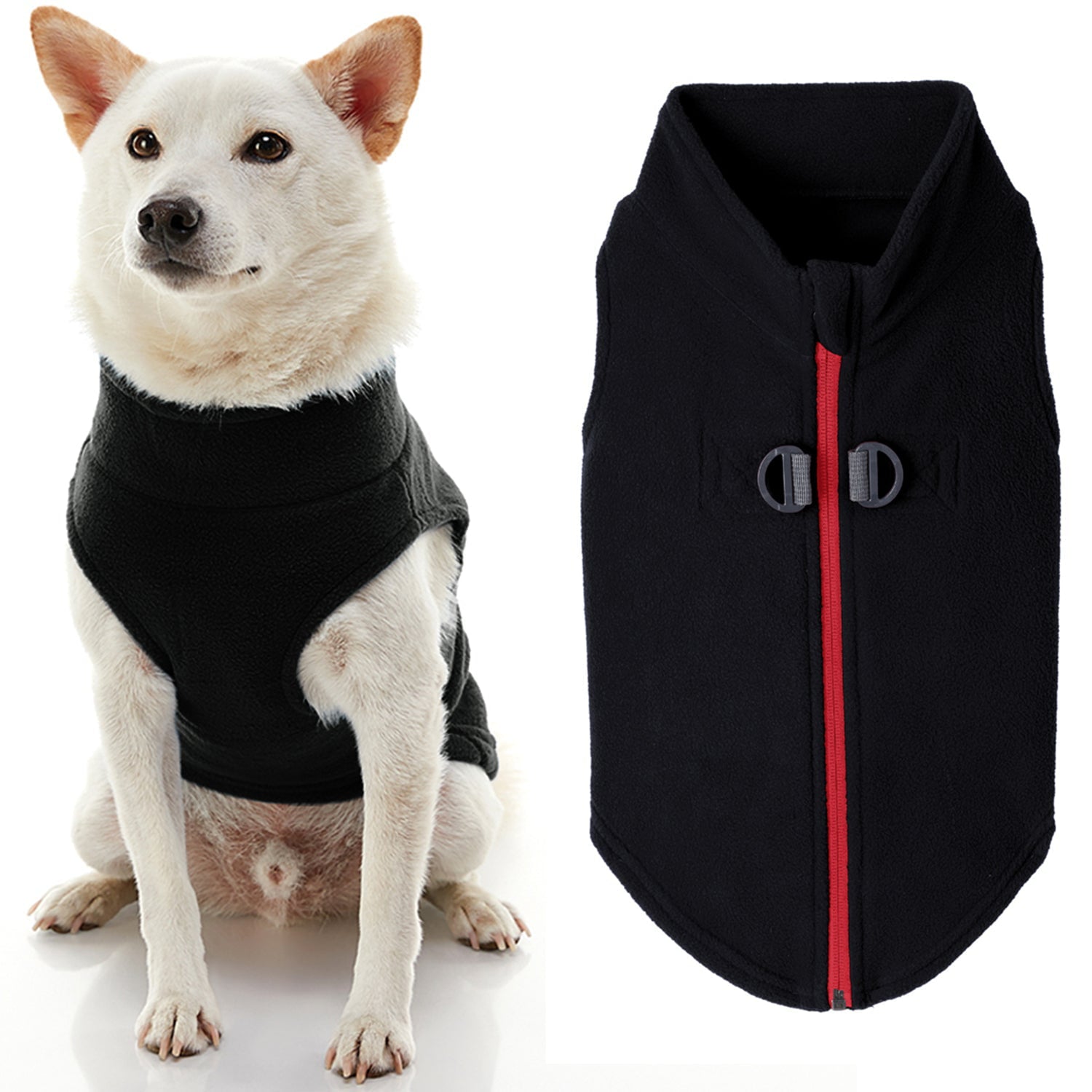 Gooby Zip Up Fleece Dog Sweater - Black， Large - Warm Pullover Fleece Step-in Dog Jacket with Dual D Ring Leash