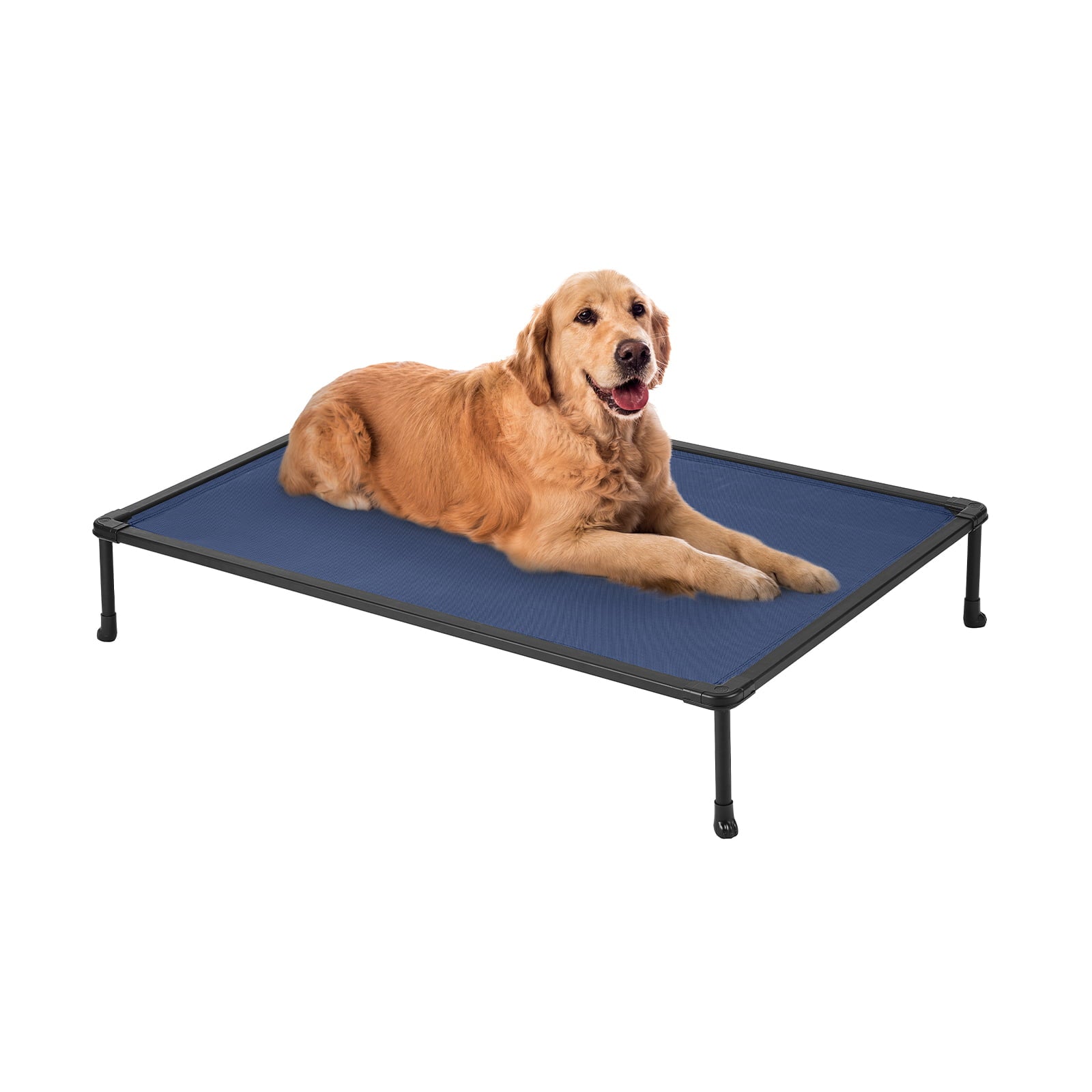 Veehoo Chewproof Dog Bed， Cooling Raised Dog Cots with Black Metal Frame， Large， Blue