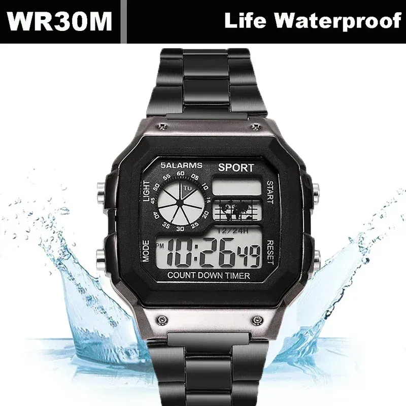 LIUYANGTIAN Luxury Stainless Steel Strap Sport Watches Men Military Digital Watches Waterproof Clock LED Men's Sport Wristwatch