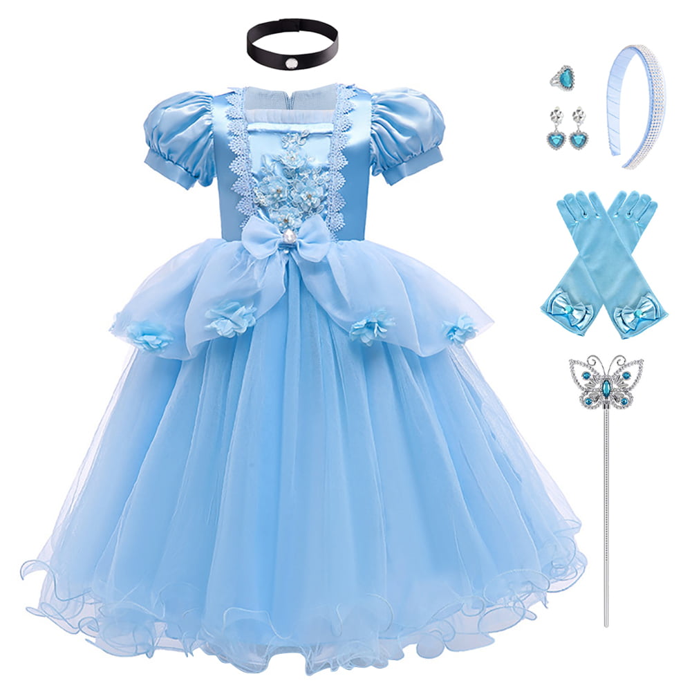 IMEKIS Cinderella Costume for Toddler Girls Princess Costumes Cinderella Dress Up Jewelry Set Crown Fairy Wand Baby Kids Halloween Cosplay Role Play Birthday Outfit 7-8 Years Blue Flower