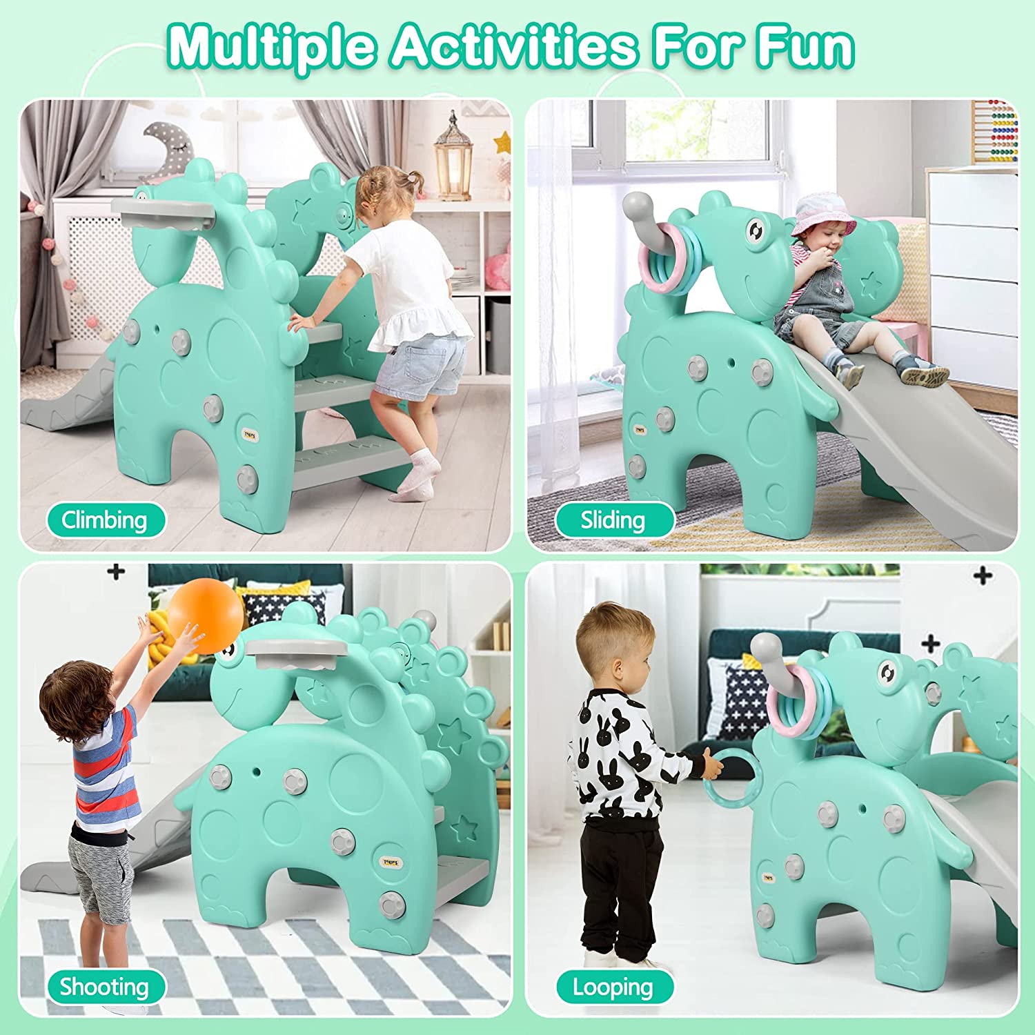 Toddlers Slide and Climber Set - 4 in 1 Play Slide + 3-Step Climbers + Basketball Hoop + 3-Color Ring Toss， Kids Indoor Slide Slipping Backyard Playground Have Fun， Green