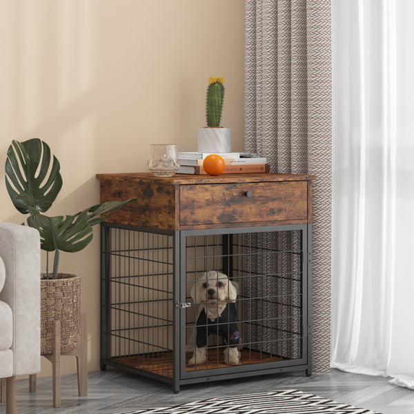 LANTRO JS Furniture Dog Crates for small dogs Wooden Dog Kennel Dog Crate End Table， Nightstand(Rustic Brown， 19.69''W*22.83''D*26.97''H)
