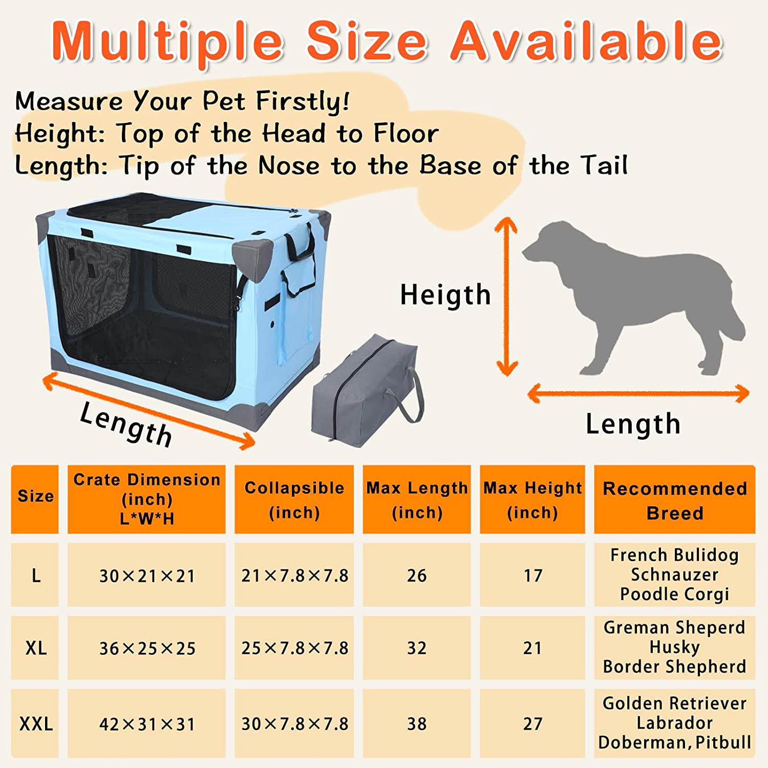 Collapsible Dog Crate 36 inch， Portable Dog Travel Crate， Qpinkpet Soft Foldable Dog Crate Kennel for Car， 4 Door Soft Sided Dog Crate for Medium Large Dogs with Strong Steel Frame， Indoor Outdoor