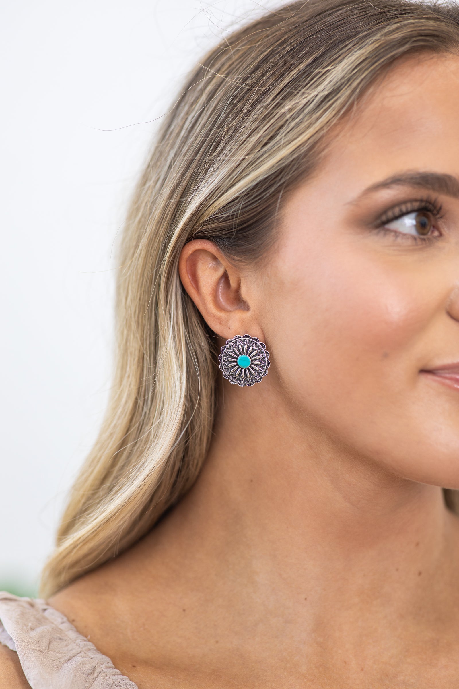 Silver and Turquoise Concho Post Earrings