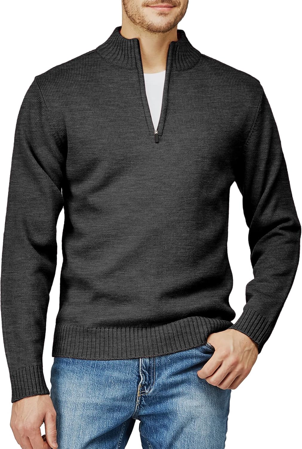 H2H Mens Casual Slim Fit Pullover Sweaters Long Sleeve Knitted Fabric Zip Up Mock Neck Polo Sweater