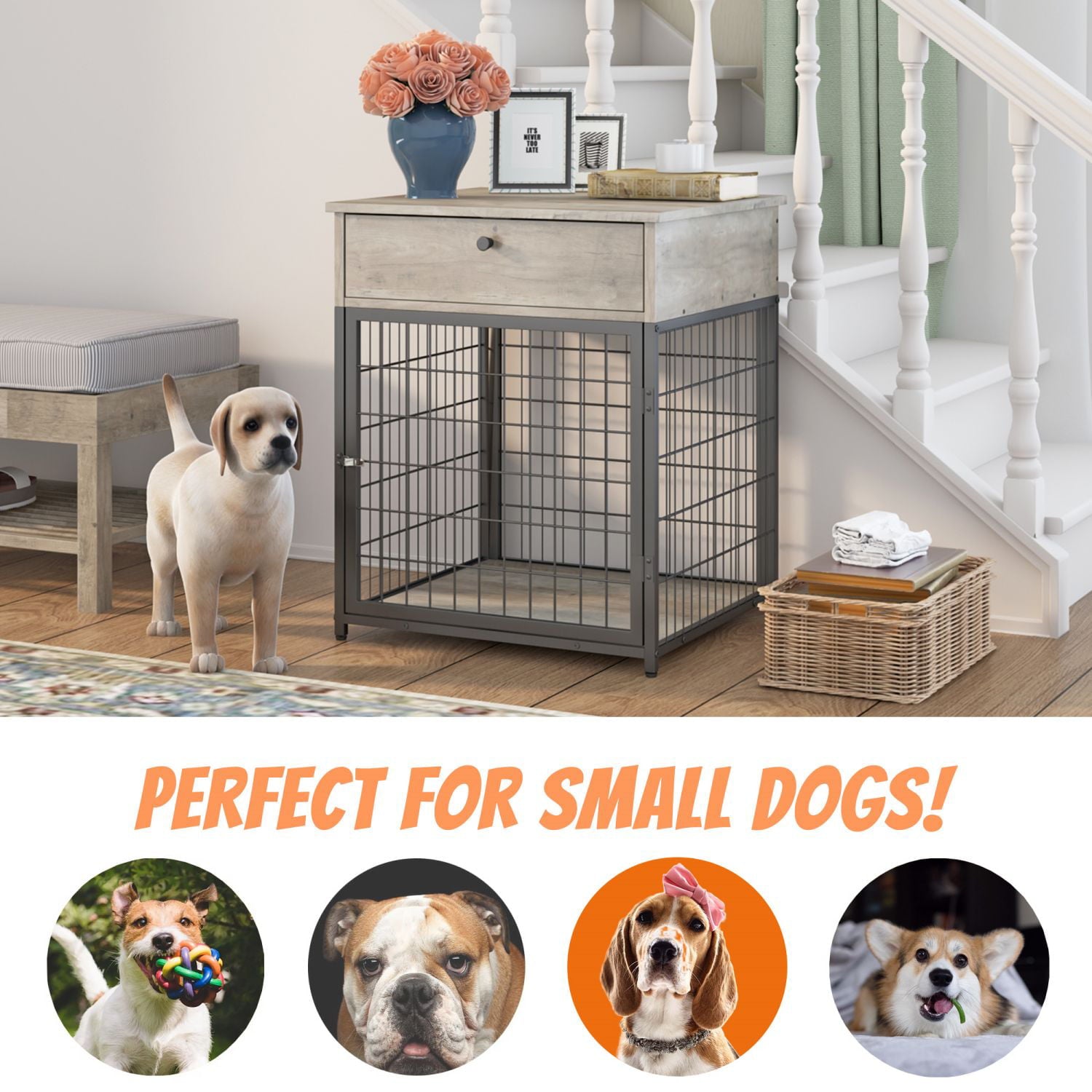Dog Crates for Small Dogs， Wooden Small Dog Crate Furniture with Drawer