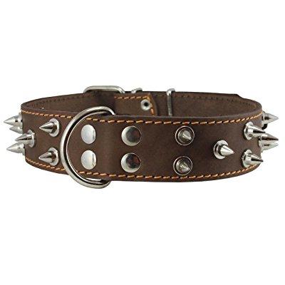 real leather brown spiked dog collar spikes， 1.6 wide. fits 19-23 neck， large breeds mastiff， american bulldog.