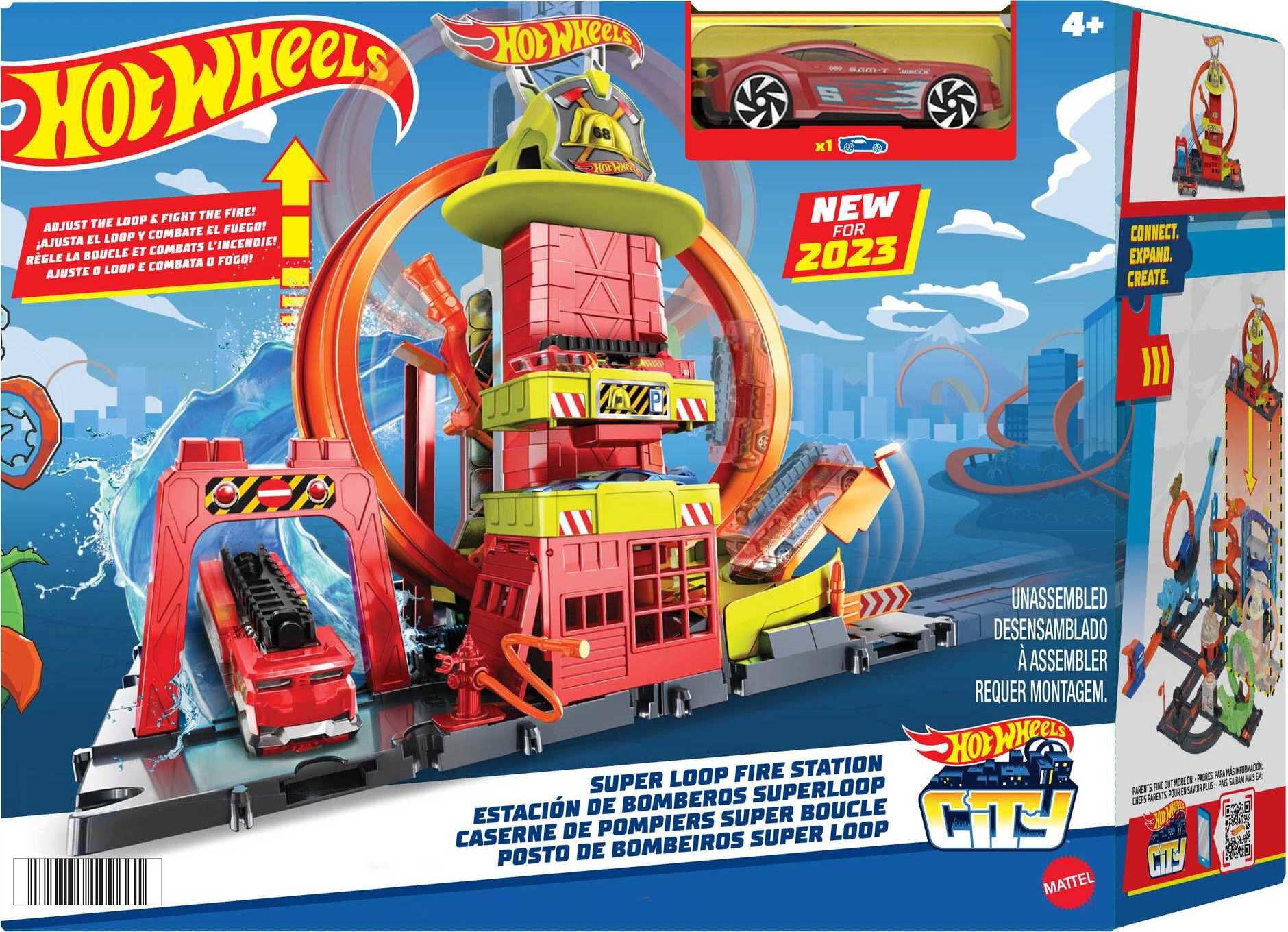 Hot Wheels City Super Loop Fire Station Playset and 1 Toy Firetruck in 1:64 Scale