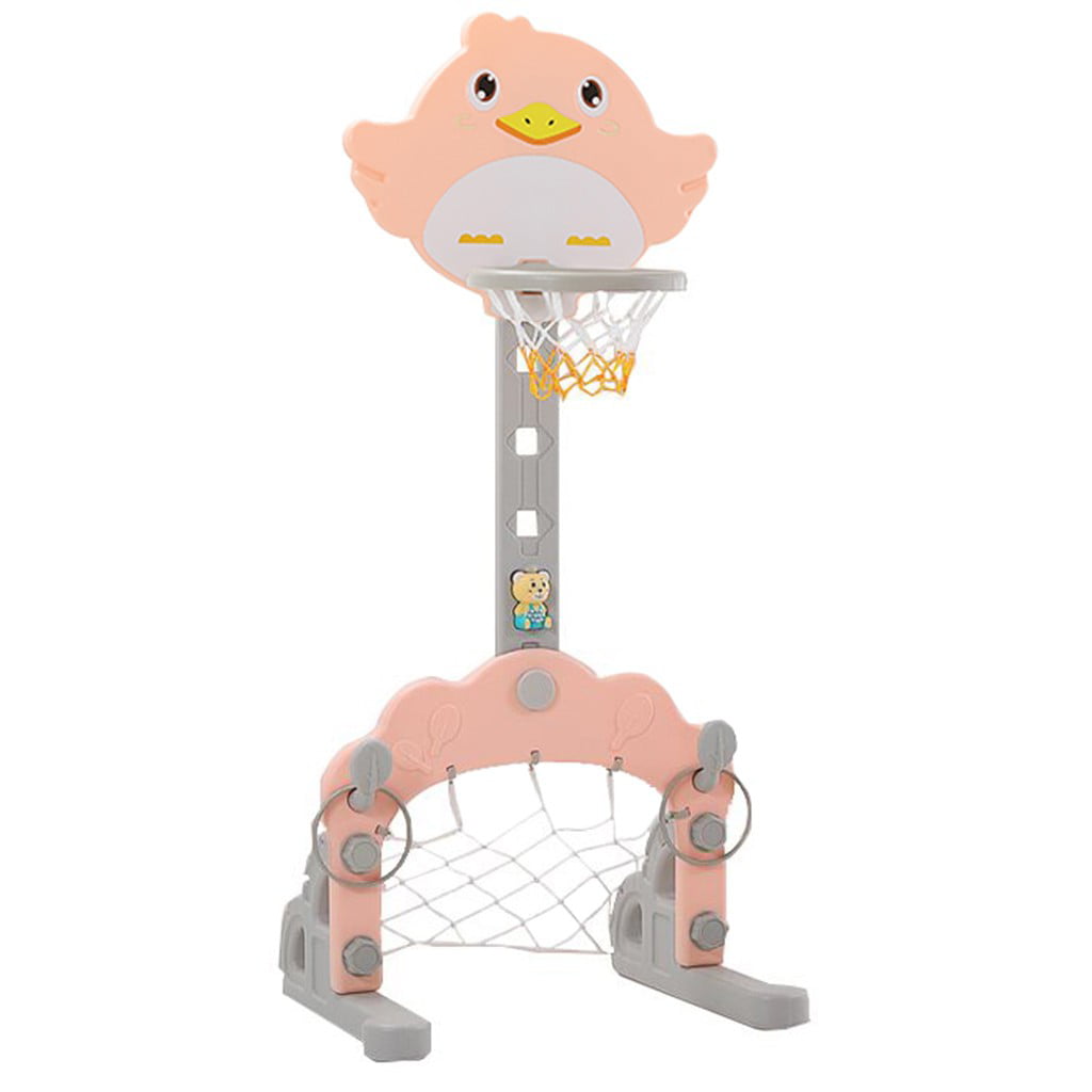 Oalirro Basketball Hoop Set， 3 in 1 Sports Activity Center Grow-to-Pro Adjustable Easy Score Basketball Hoop， Football / Soccer Goal， Ring Toss Cute Giraffe Best Gift for Baby Infant Toddler (Pink)