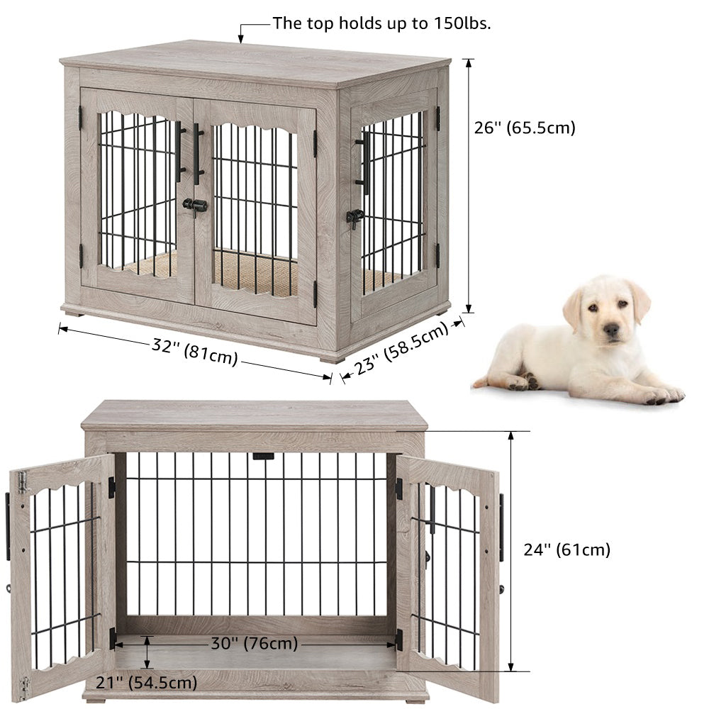 Unipaws Pet Crate End Table， Double Doors Wooden Wire Dog Kennel with Pet Bed， Weathered Gray