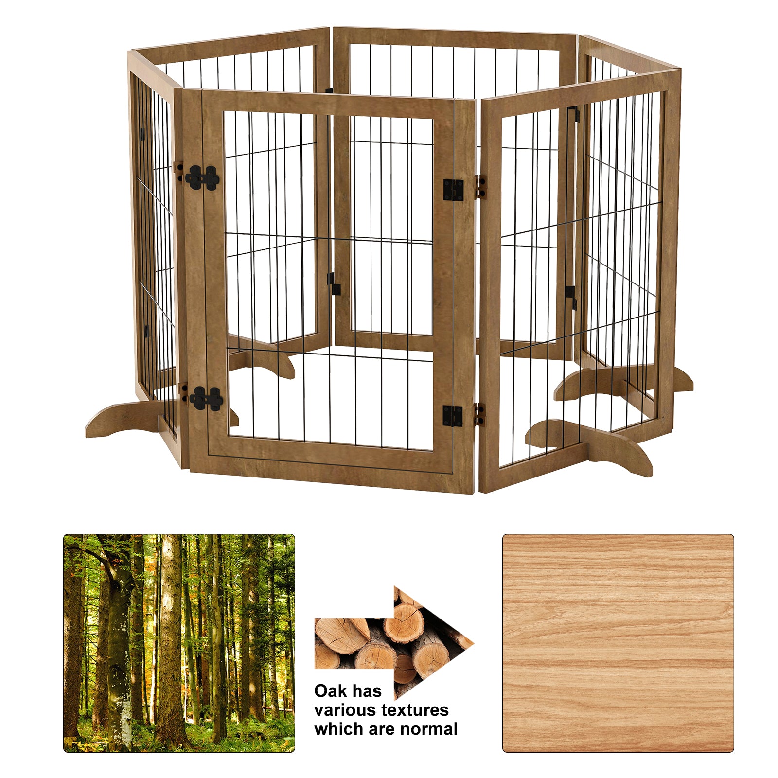 Dog Gate Pet Fence Extra Wide with Walk Through Door， Wood Preassembled Freestanding Baby Safety Gate Dog Barrier Indoor Lockable for Home， Doorway， Stairs， 31.5''H with 4 Support Feet