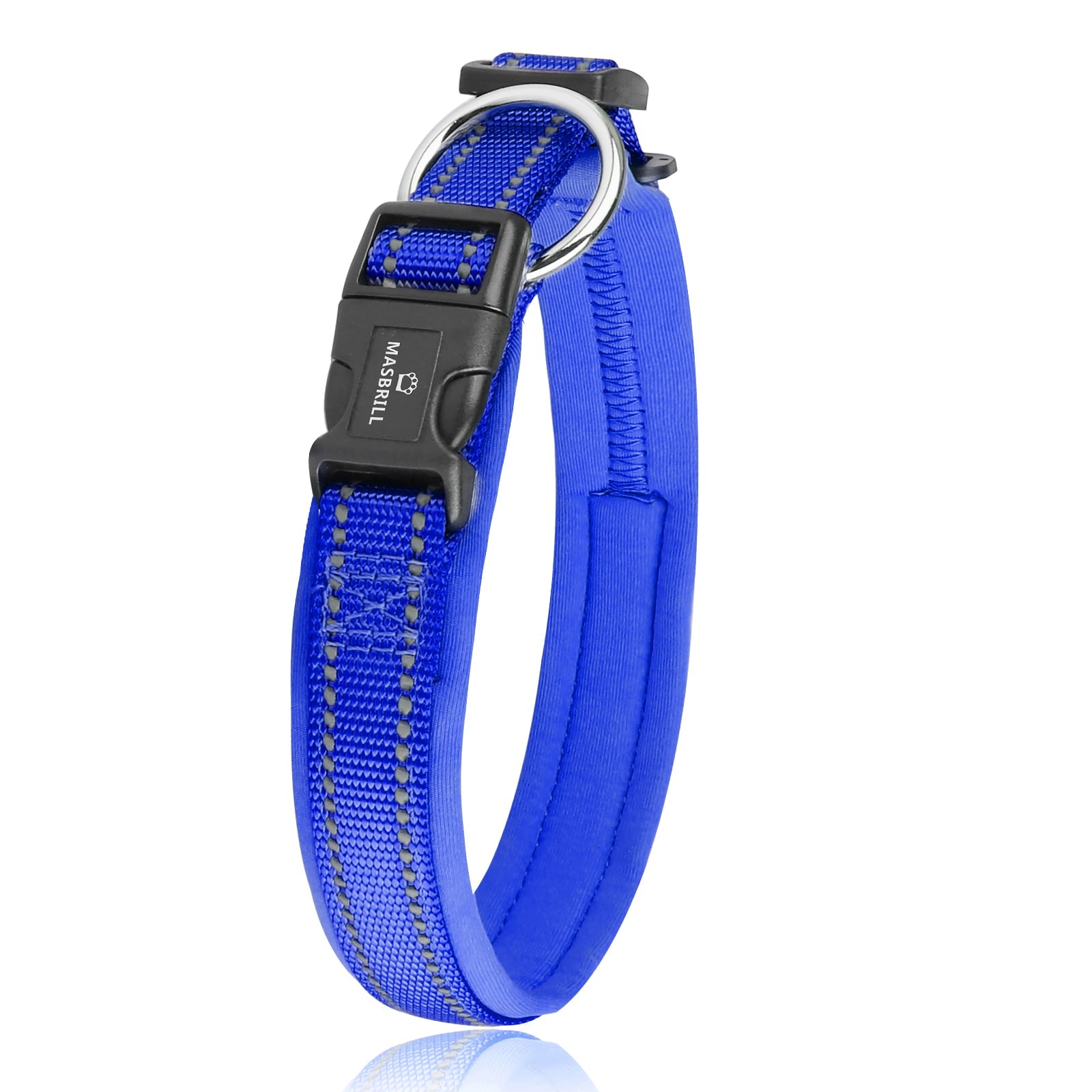 MASBRILL Dog Collar with Dog tag Reflective Soft Neoprene Padded Breathable and Adjustable， Odour Resistant and Fast Drying-Blue-M