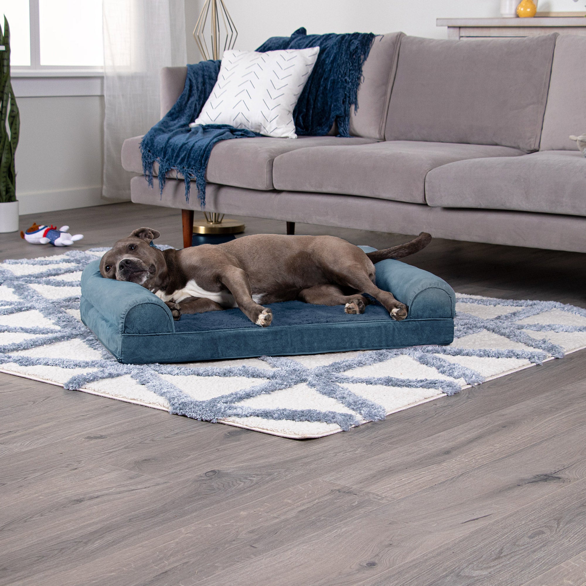 FurHaven | Orthopedic Faux Fur and Velvet Sofa Pet Bed for Dogs and Cats， Harbor Blue， Large