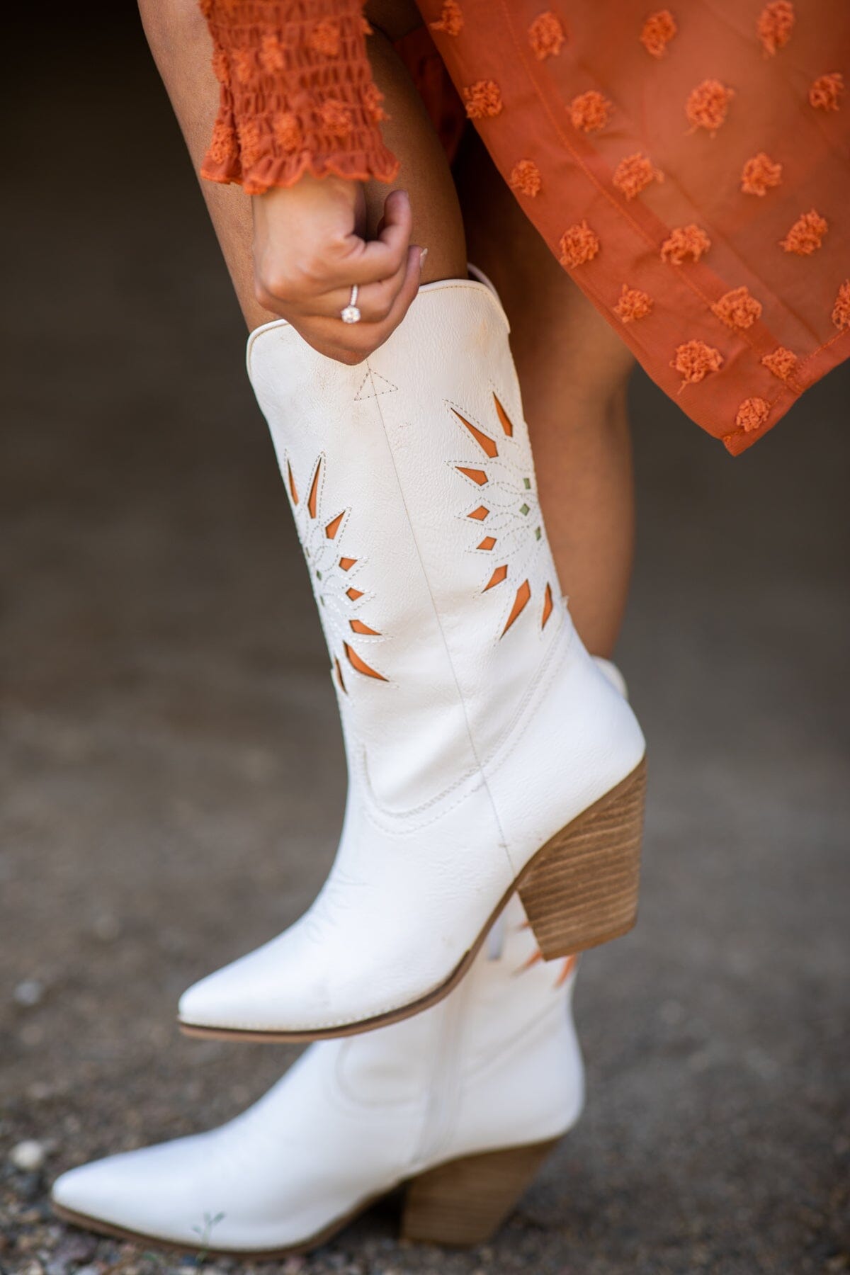 White Laser Cut Sunburst Detail Western Boots