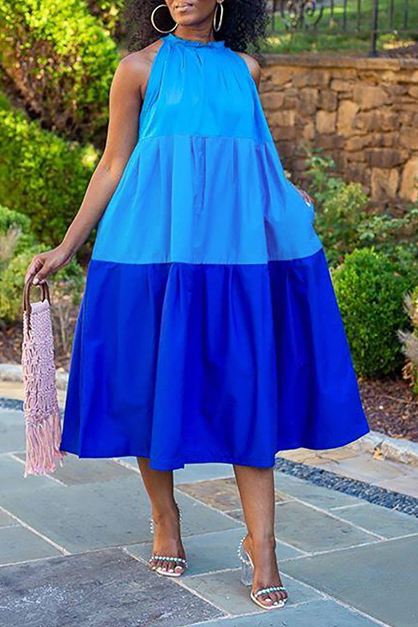 Fashion Casual Color Matching Sleeveless Loose Pleated Dress