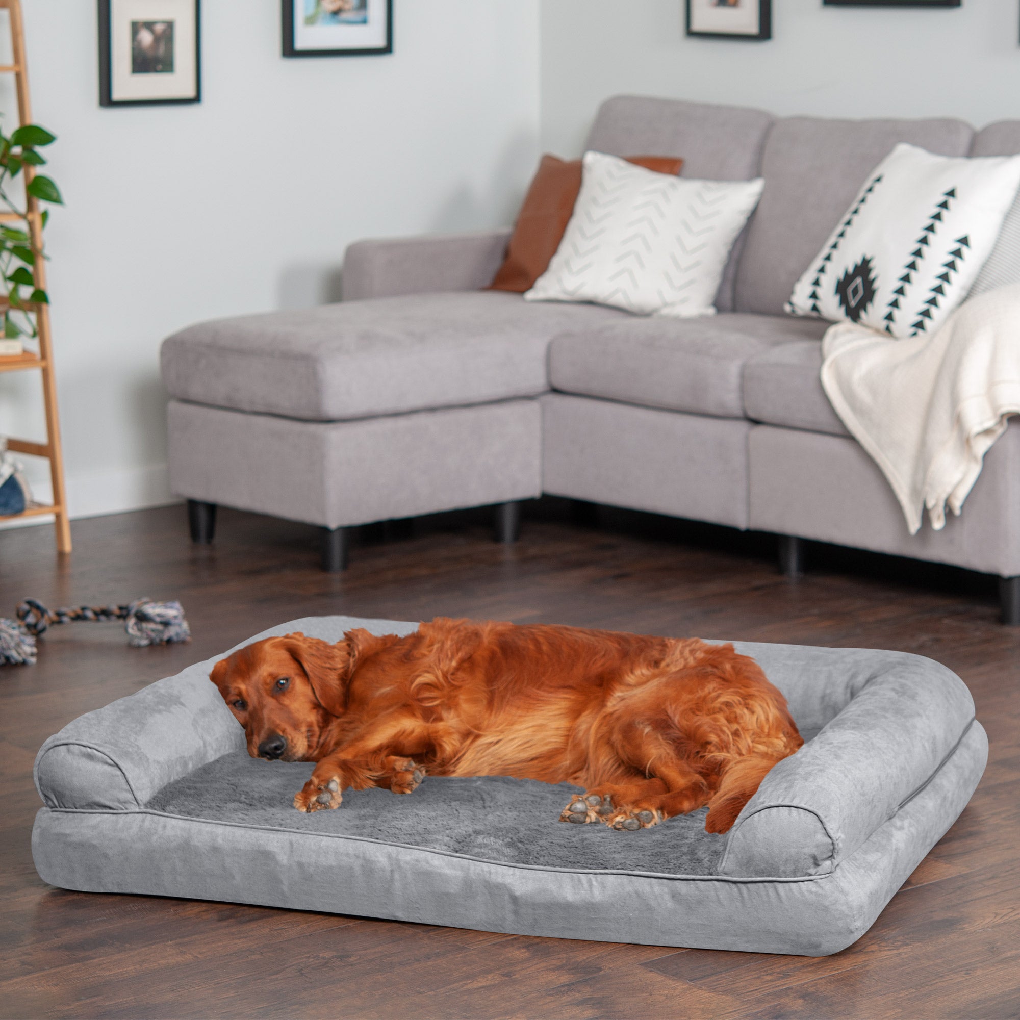 FurHaven Pet Products | Full Support Orthopedic Plush and Suede Sofa-Style Pet Bed for Dogs and Cats - Gray， Jumbo