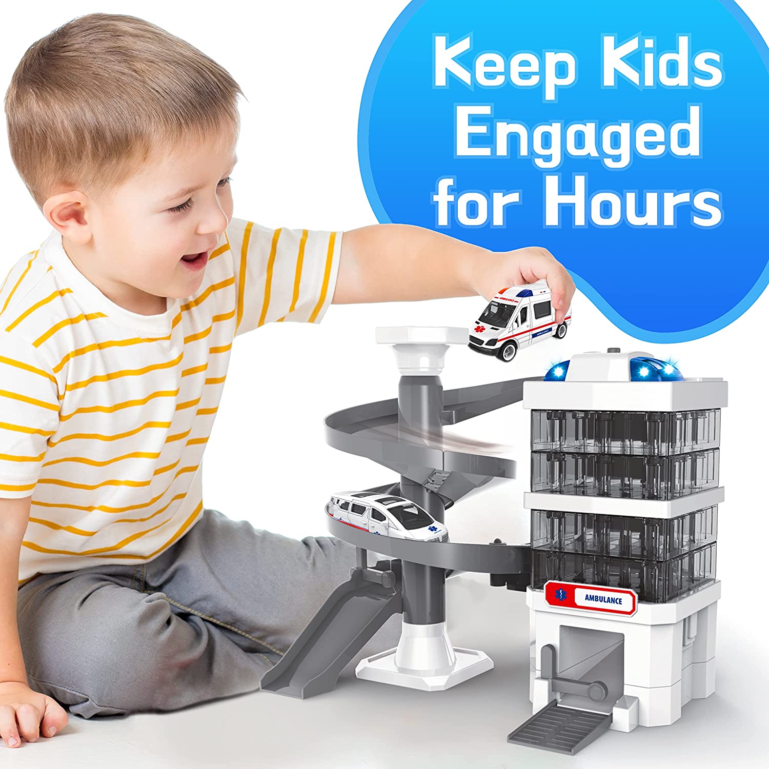 Surnie Car Garage Toy， Car Tracks for Boys with 2 Ambulances and Lights and Sounds， 21 Pcs Kids Toy Car Ramp Rescue Station with Building Instructions， for Toddlers Boys Girls 3+