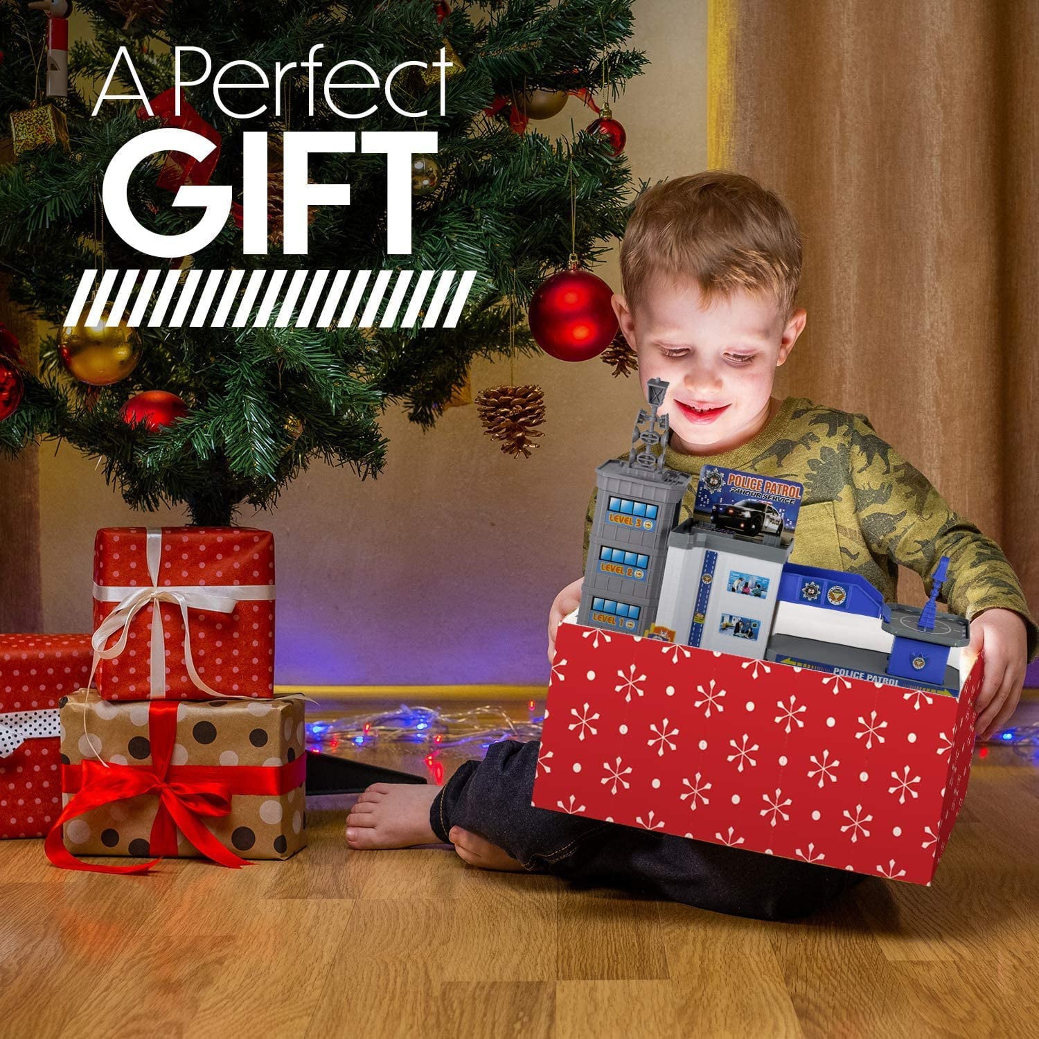 Police Car Toys for Boys - Matchbox Cars Playsets - Parking Lot Car Toys with Matchbox Track， Garage， 6 Police Car Toy Vehicles， 2 Police Men， 1 Helicopter - Toysical