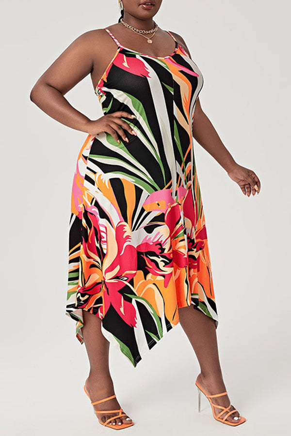 Elegant Commuter Print Sling Irregular Plus Size Dress