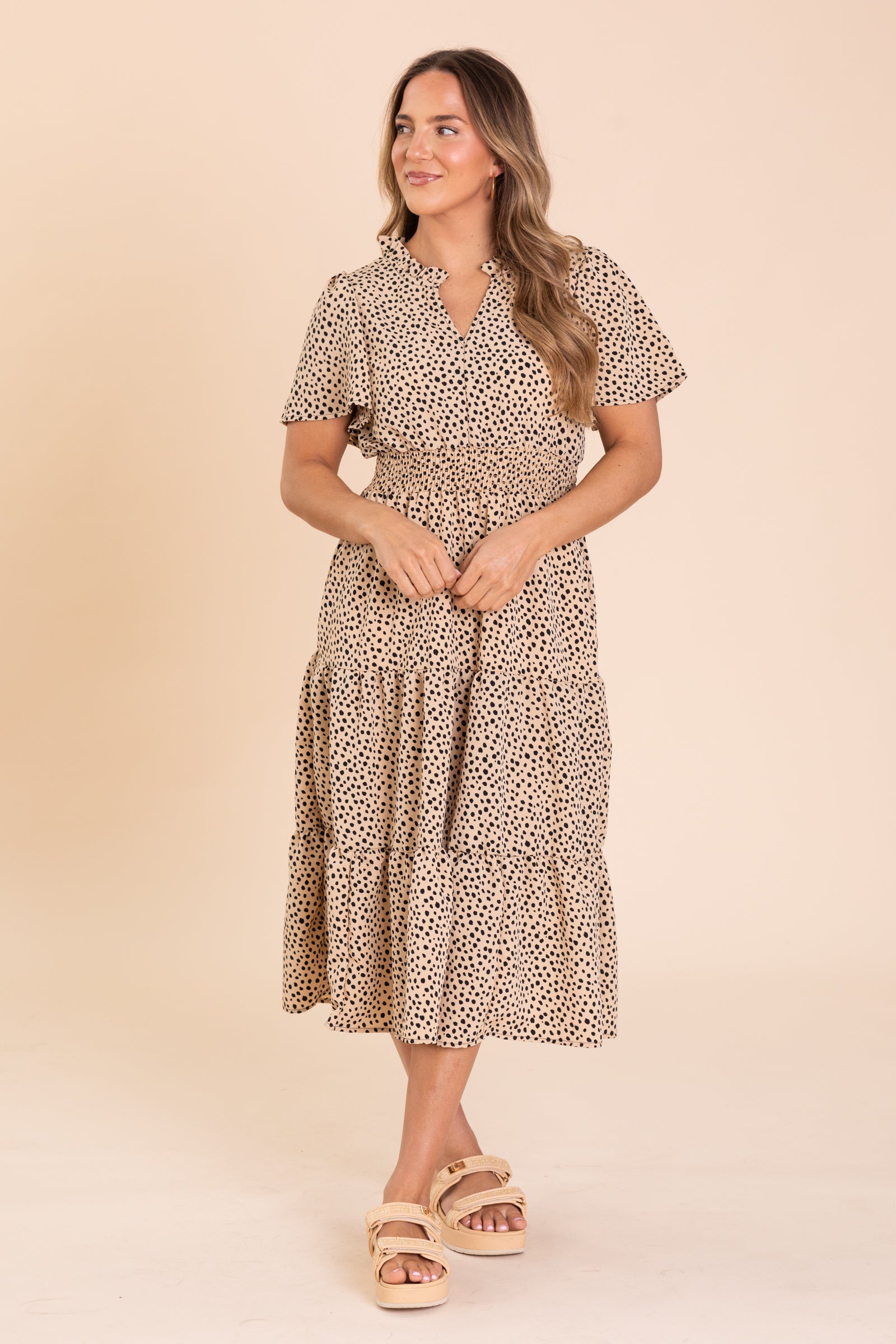 Tan Fit And Flare Smocked Spring Midi Dress