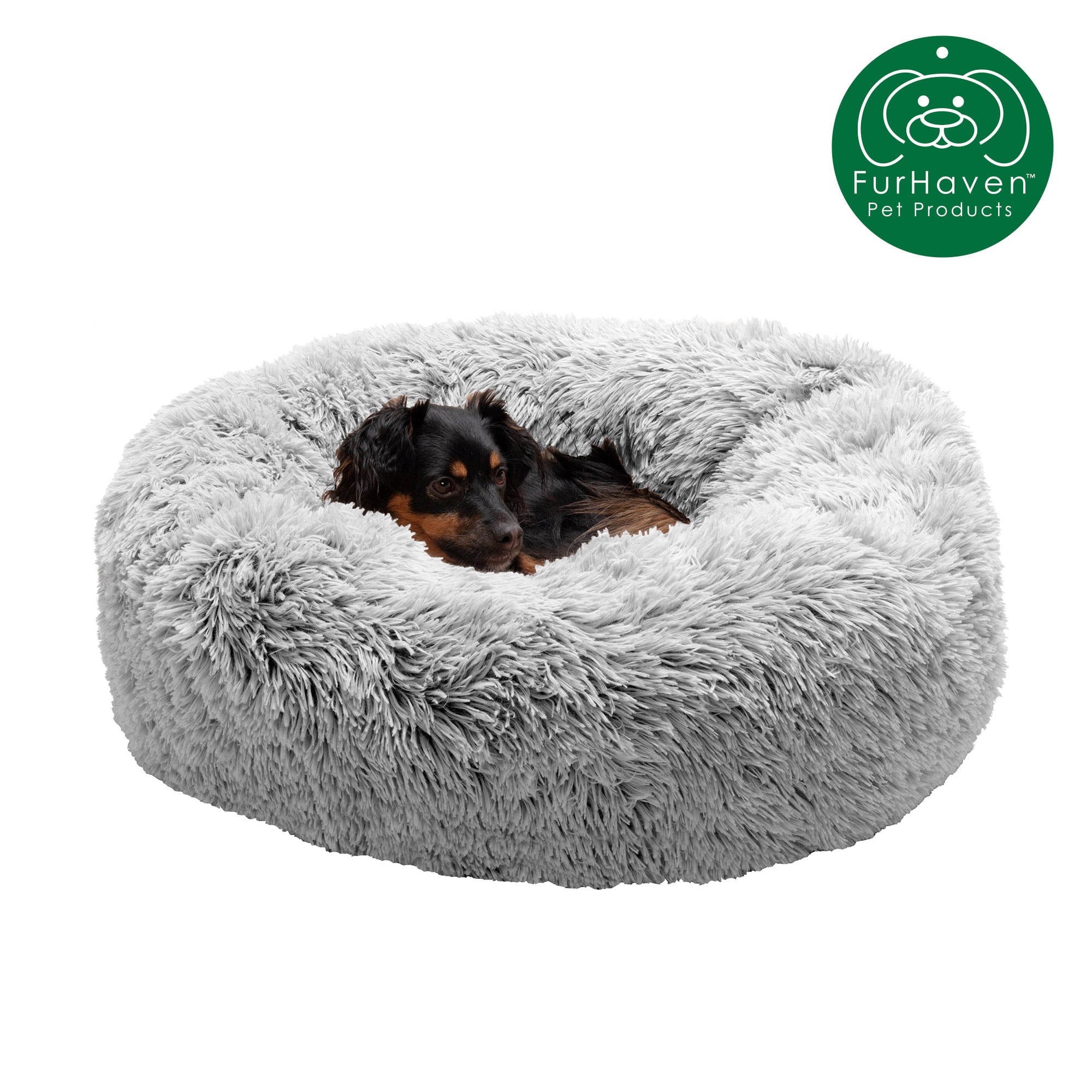 FurHaven | Calming Cuddler Long Fur Donut Pet Bed for Dogs and Cats， Mist Gray， Medium